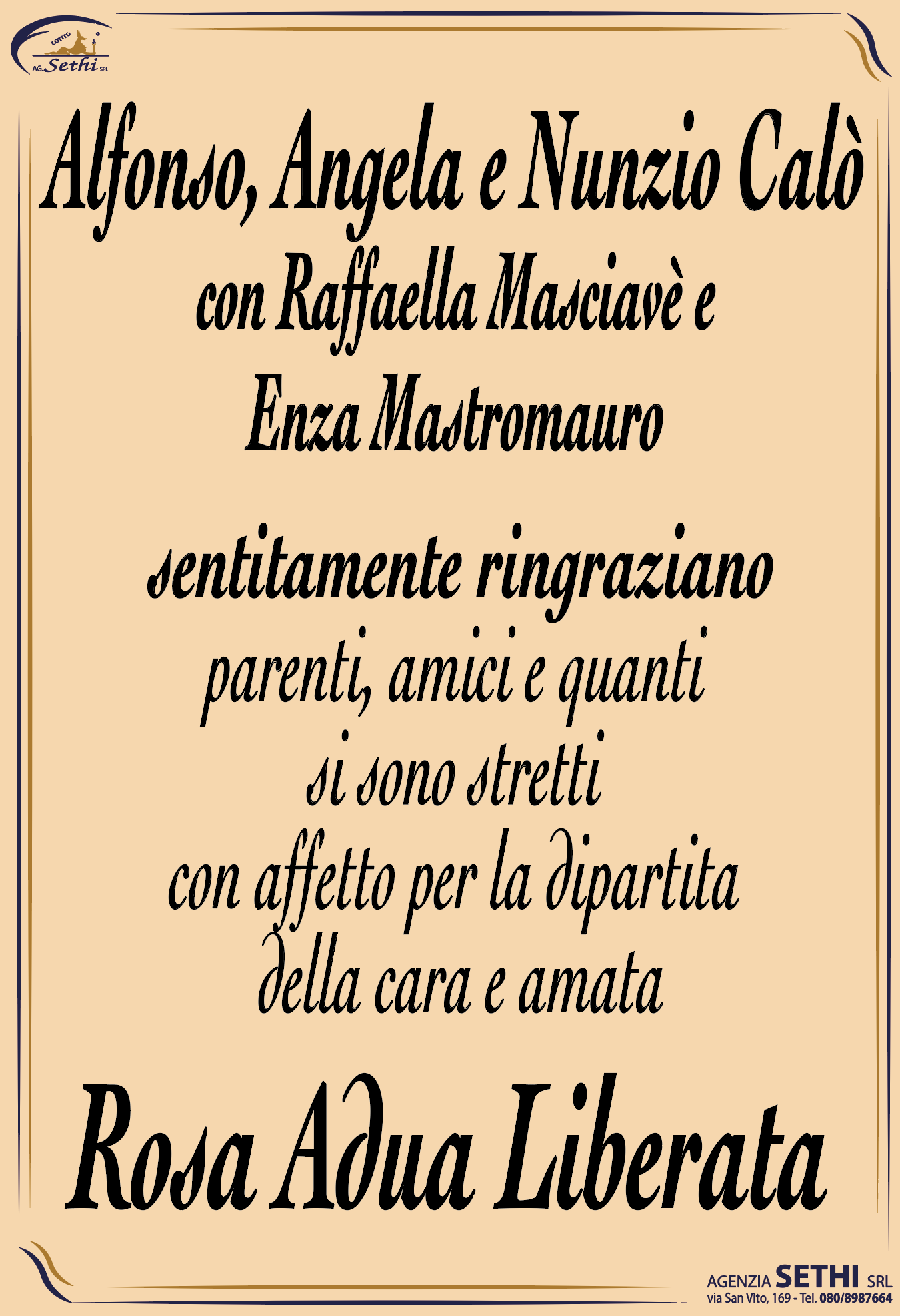 Ringraziamento Rosa Adua Liberata Castrigno ved. Calò