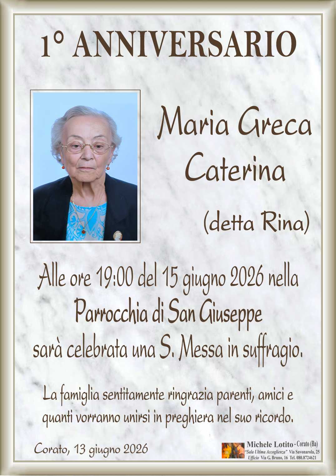 1° anniversario MARIA GRECA CATERINA (detta Rina)