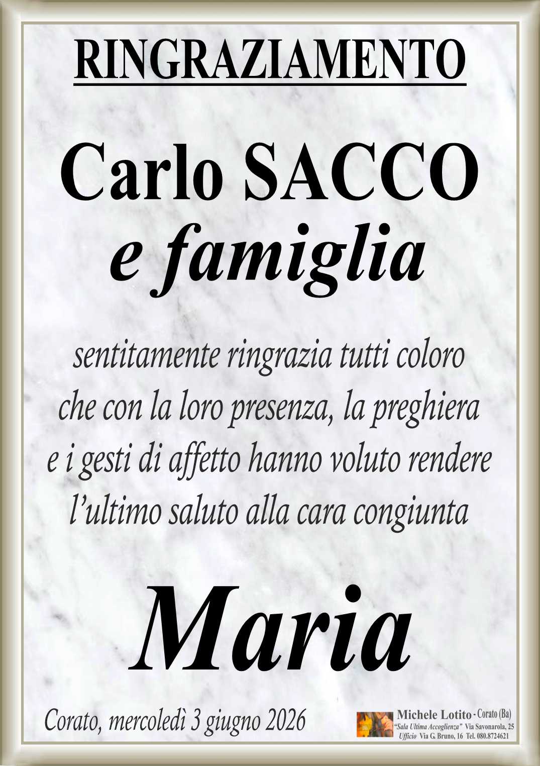 Ringraziamento MARIA LABARTINO ved. Sacco