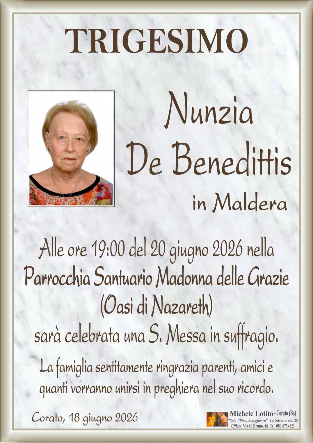 Trigesimo NUNZIA DE BENEDITTIS in Maldera