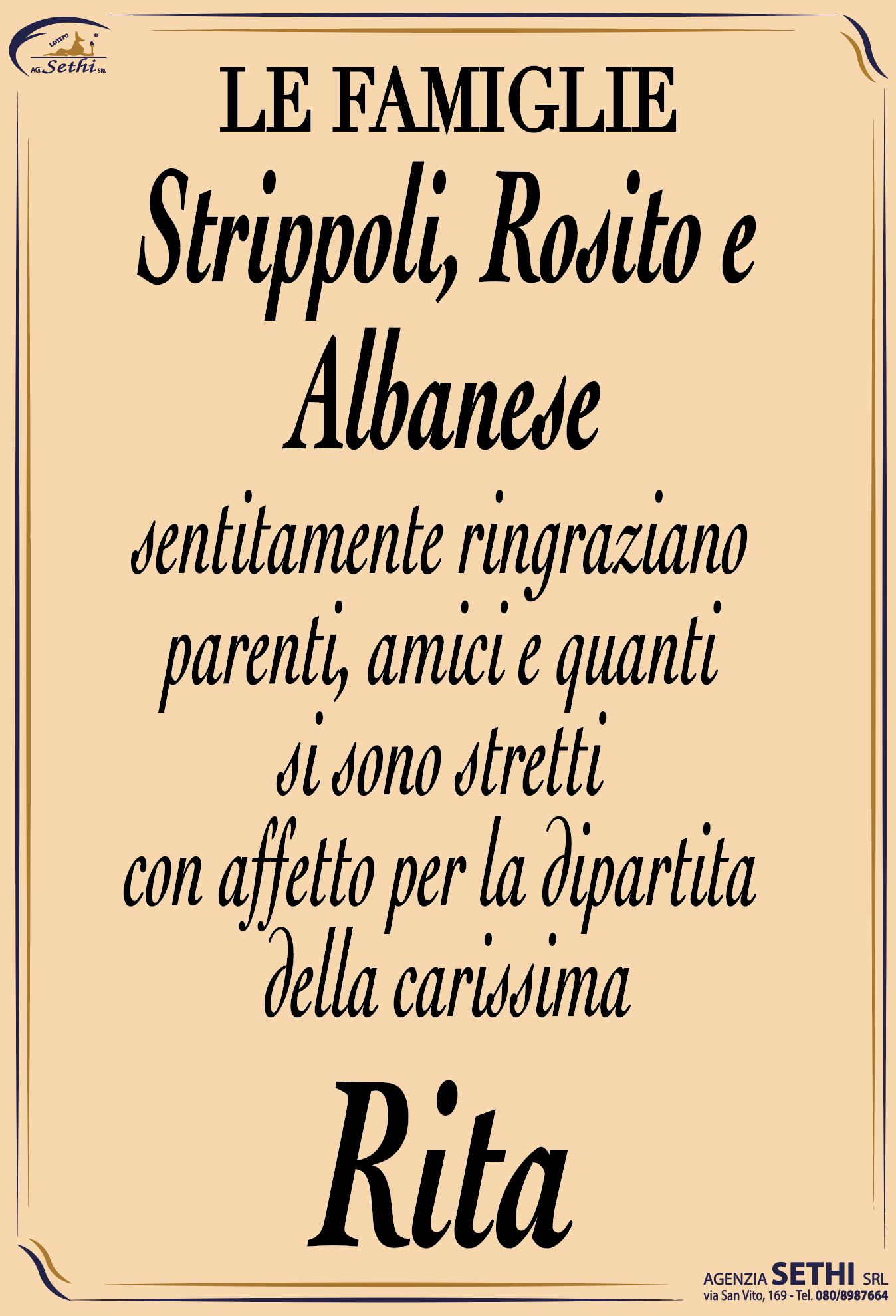 Ringraziamento Rita Leo ved. Strippoli