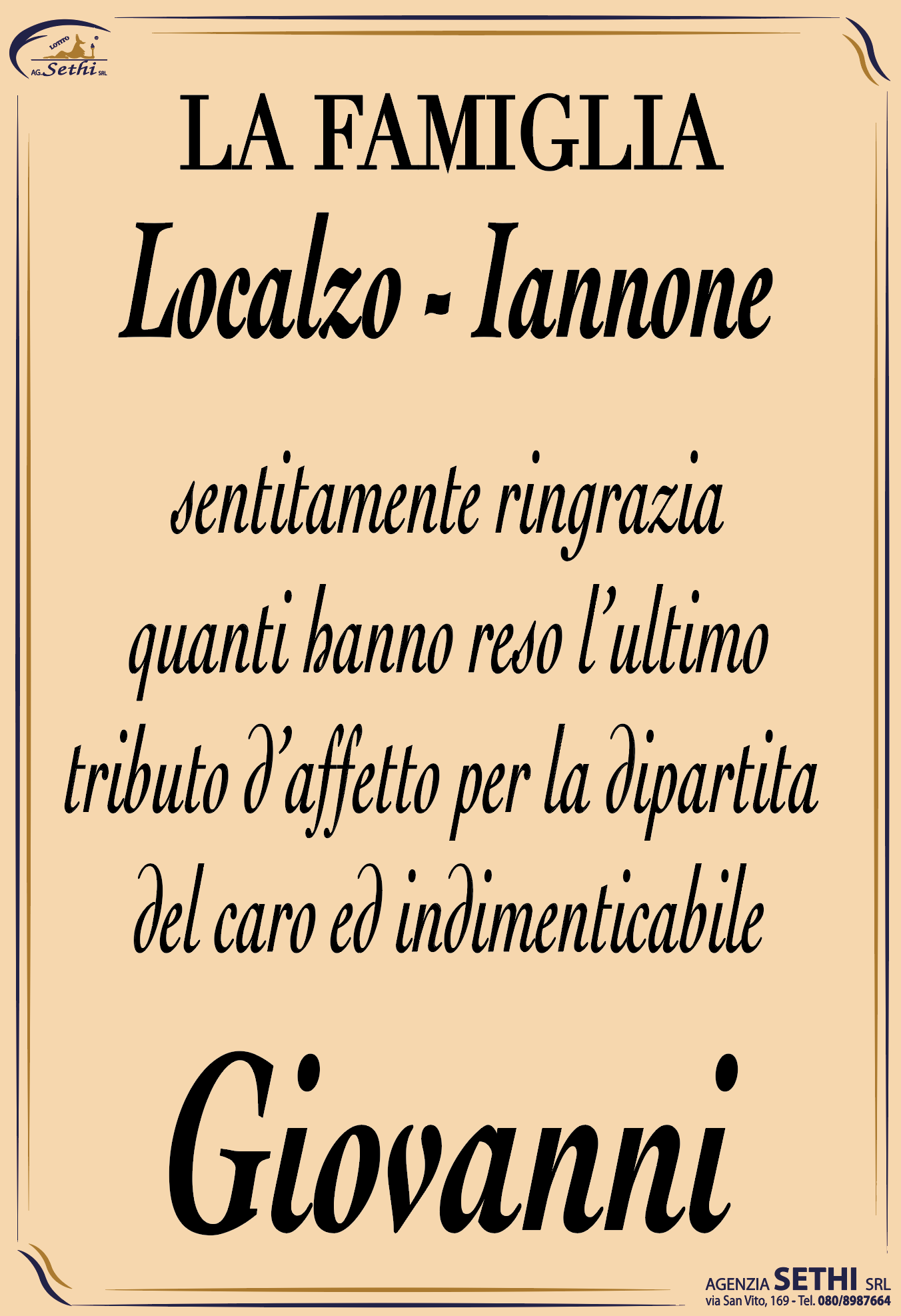 Ringraziamento Giovanni Localzo fu Ignazio (calzolaio)