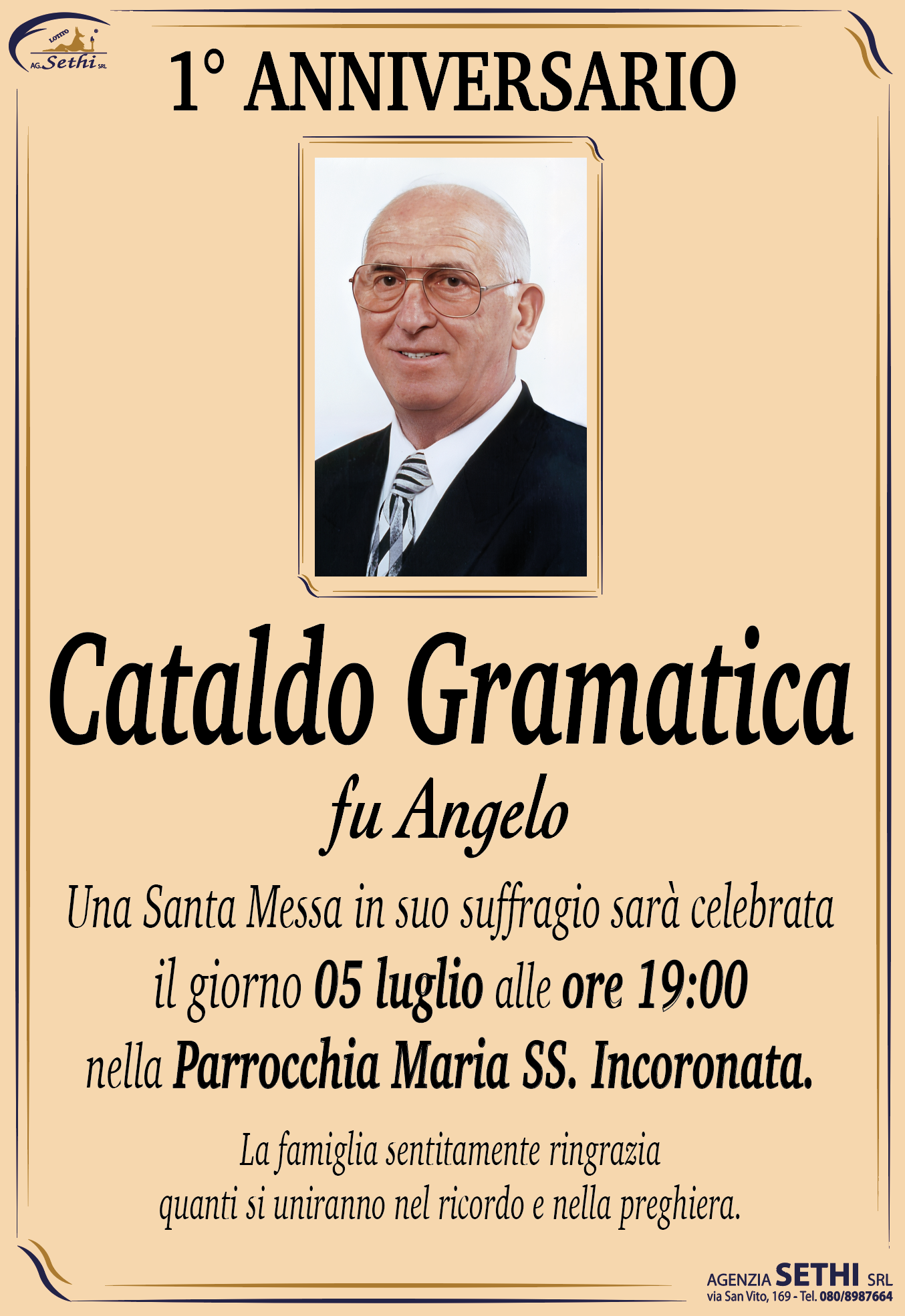 1° anniversario Cataldo Gramatica fu Angelo (ex ristoratore in USA)