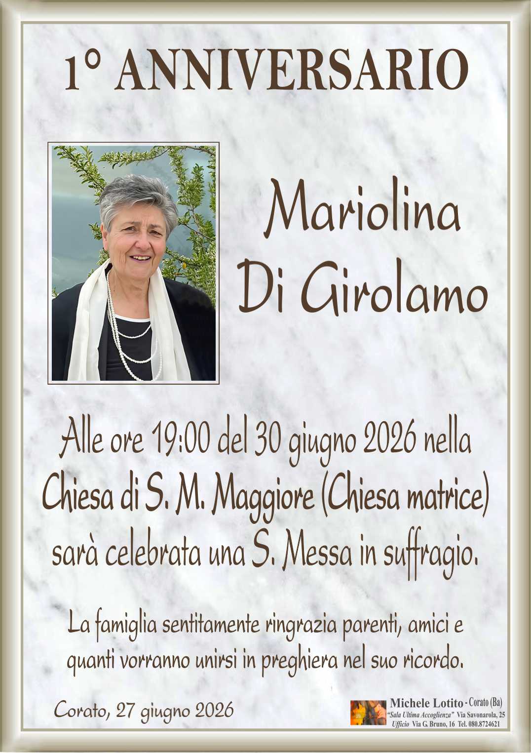 1° anniversario MARIOLINA DI GIROLAMO