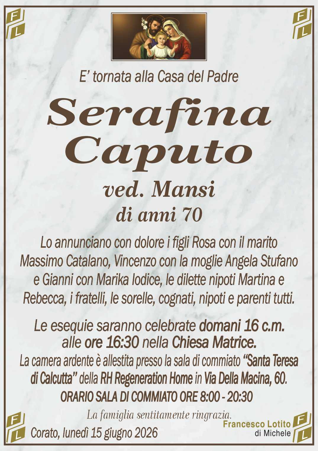Lo annunciano con dolore i figli Rosa con il marito
Massimo Catalano, Vincenzo con la moglie Angela Stufano
e Gianni con Marika Iodice, le dilette nipoti Martina e
Rebecca, i fratelli, le sorelle, cognati, nipoti e parenti tutti.