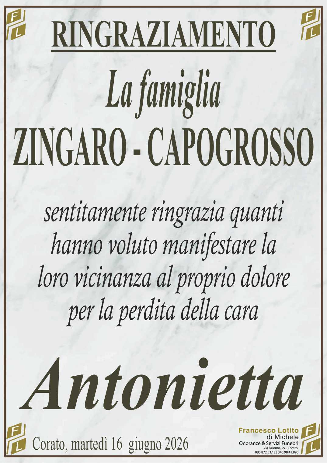 Ringraziamento Antonietta ZINGARO in CAPOGROSSO