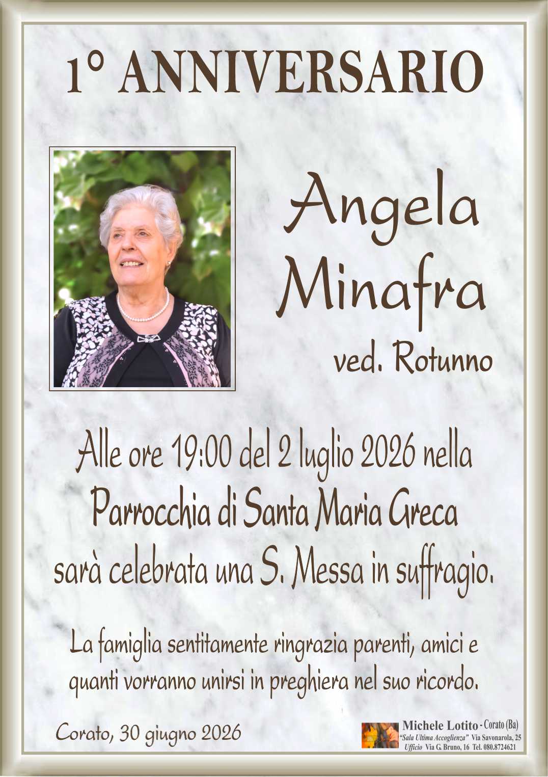 1° anniversario ANGELA MINAFRA ved. Rotunno