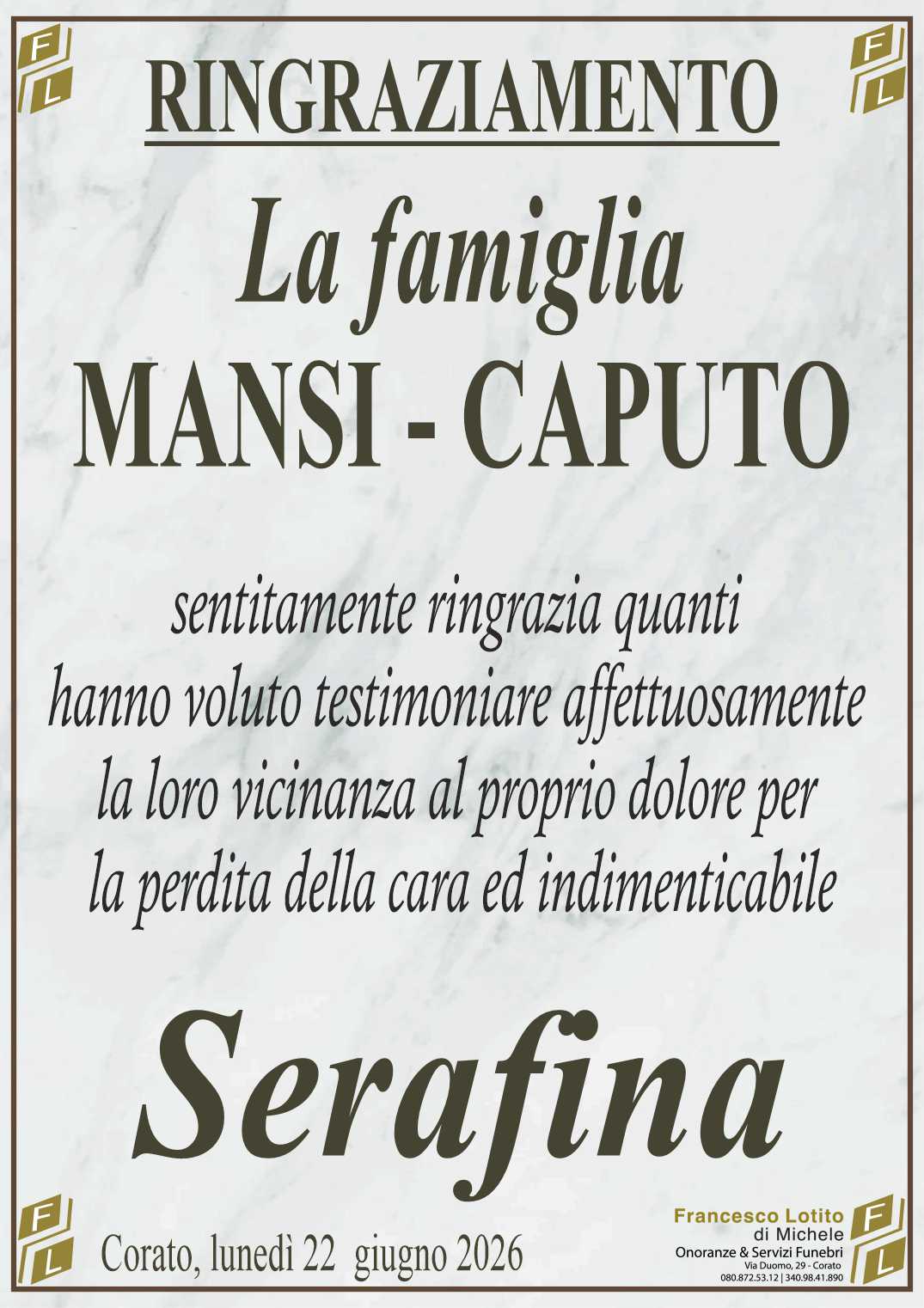 Ringraziamento Serafina CAPUTO ved. MANSI