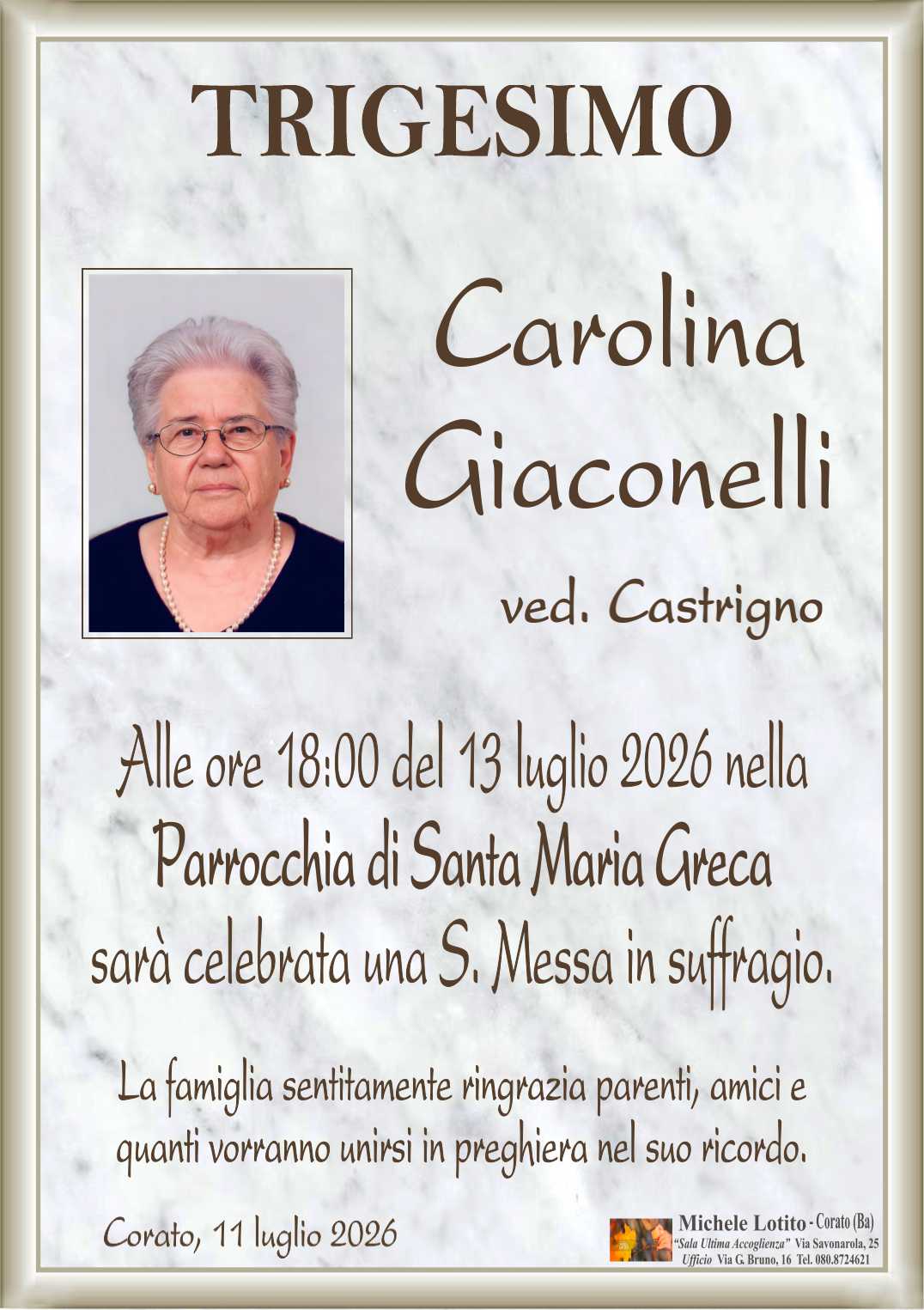 Trigesimo CAROLINA GIACONELLI ved. Castrigno
