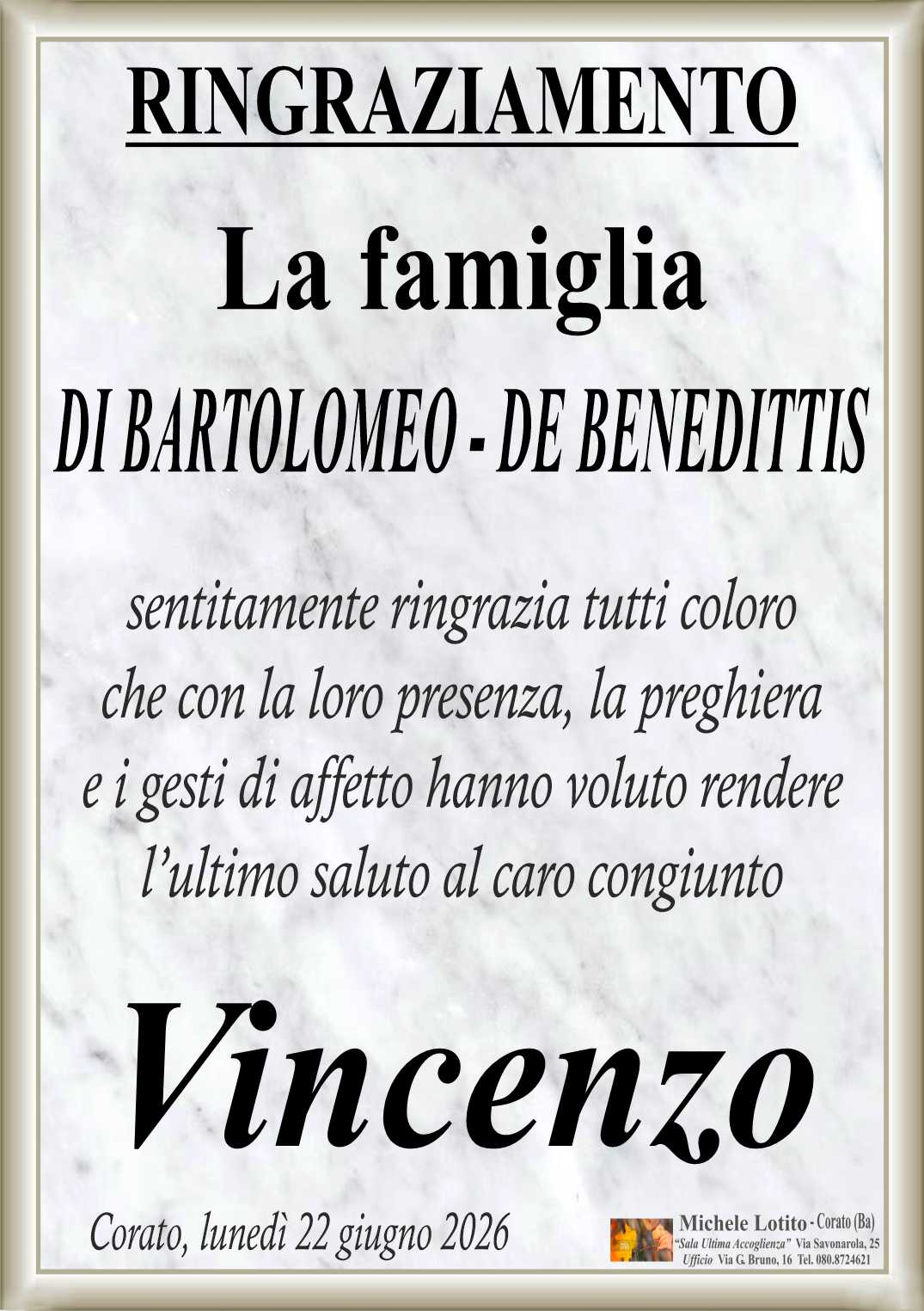 Ringraziamento VINCENZO DI BARTOLOMEO