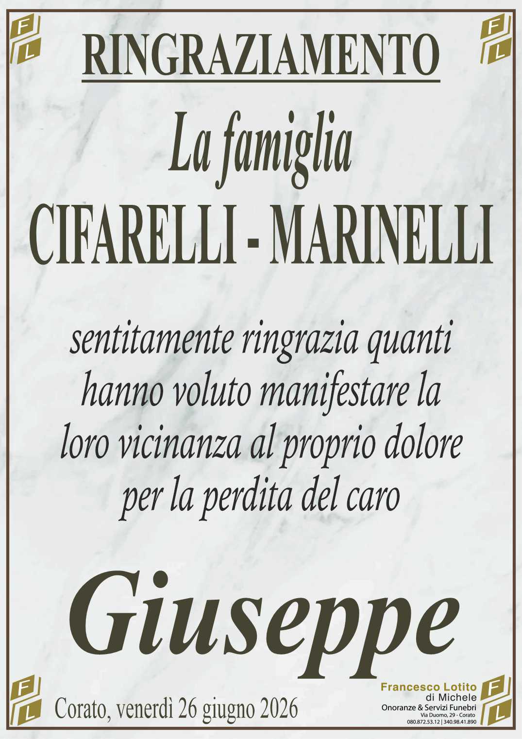 Ringraziamento Giuseppe CIFARELLI fu Francesco