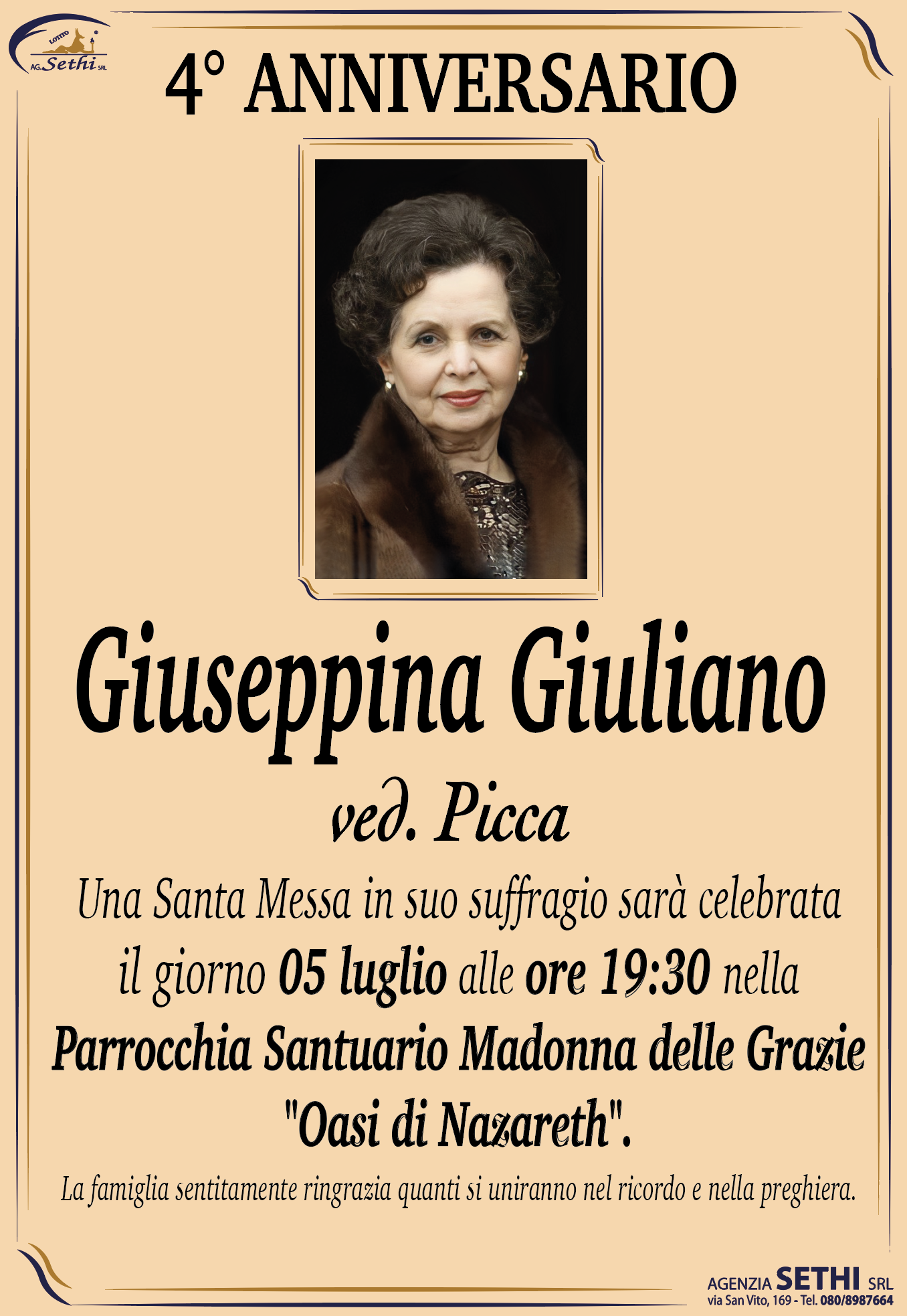 4° anniversario Giuseppina Giuliano ved. Picca