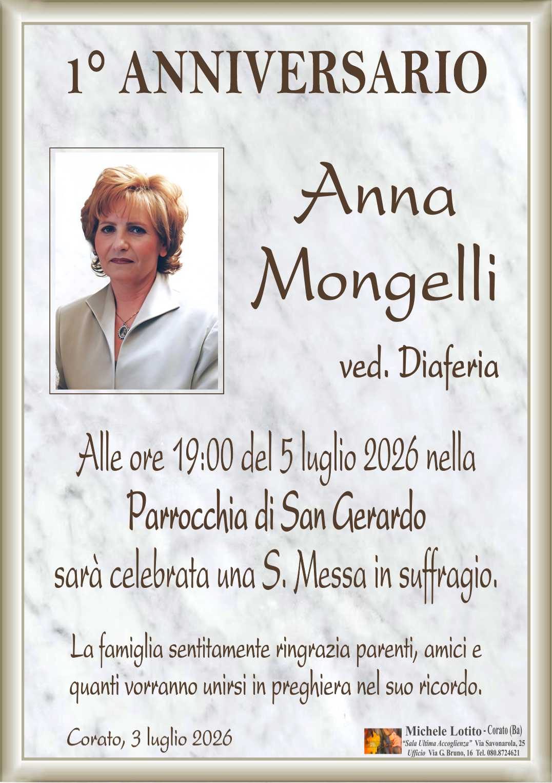 1° anniversario ANNA MONGELLI ved. Diaferia