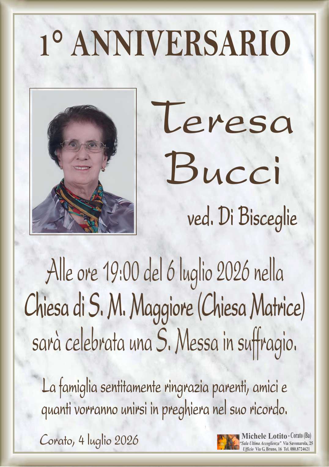 1° anniversario TERESA BUCCI ved. Di Bisceglie