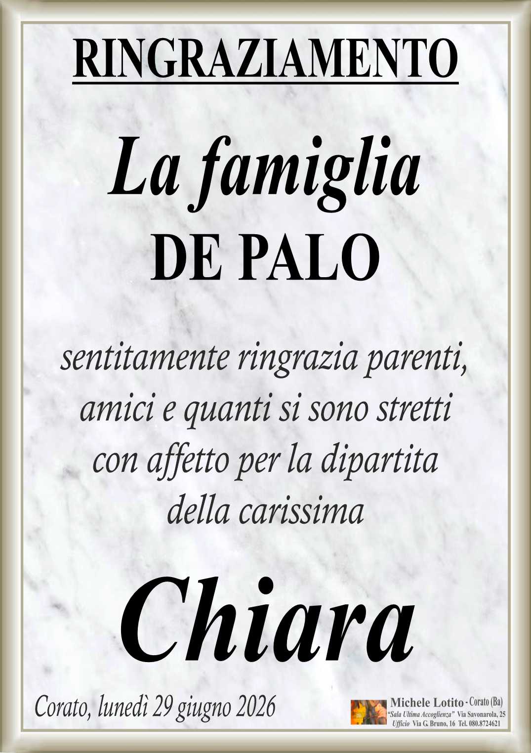 Ringraziamento Ins. CHIARA DE PALO ved. Piccione