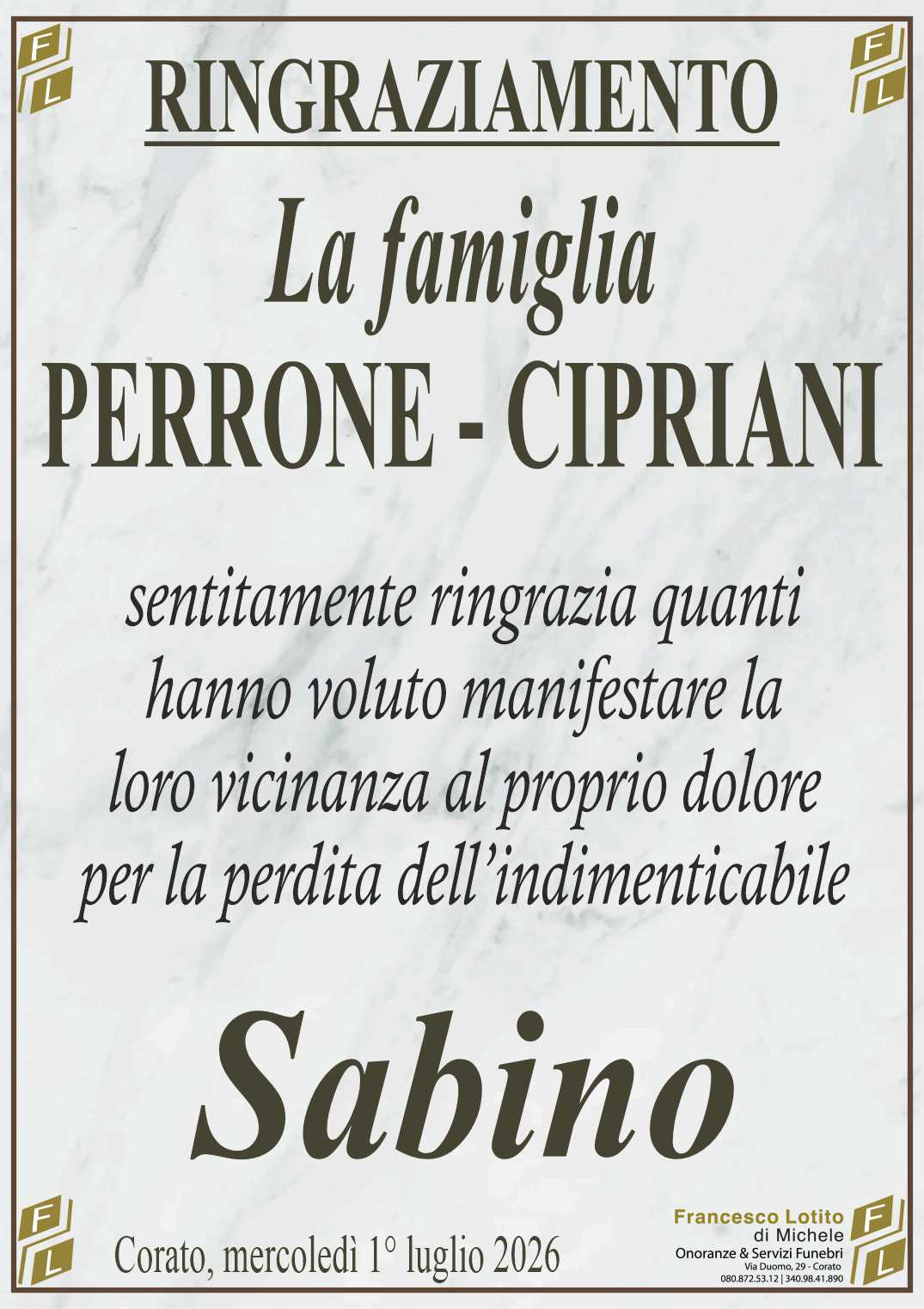 Ringraziamento Sabino PERRONE - meccanico -