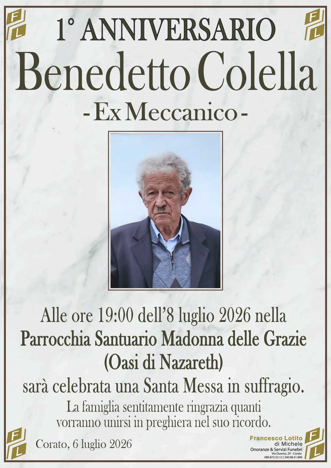 1° anniversario Benedetto COLELLA – Ex Meccanico –
