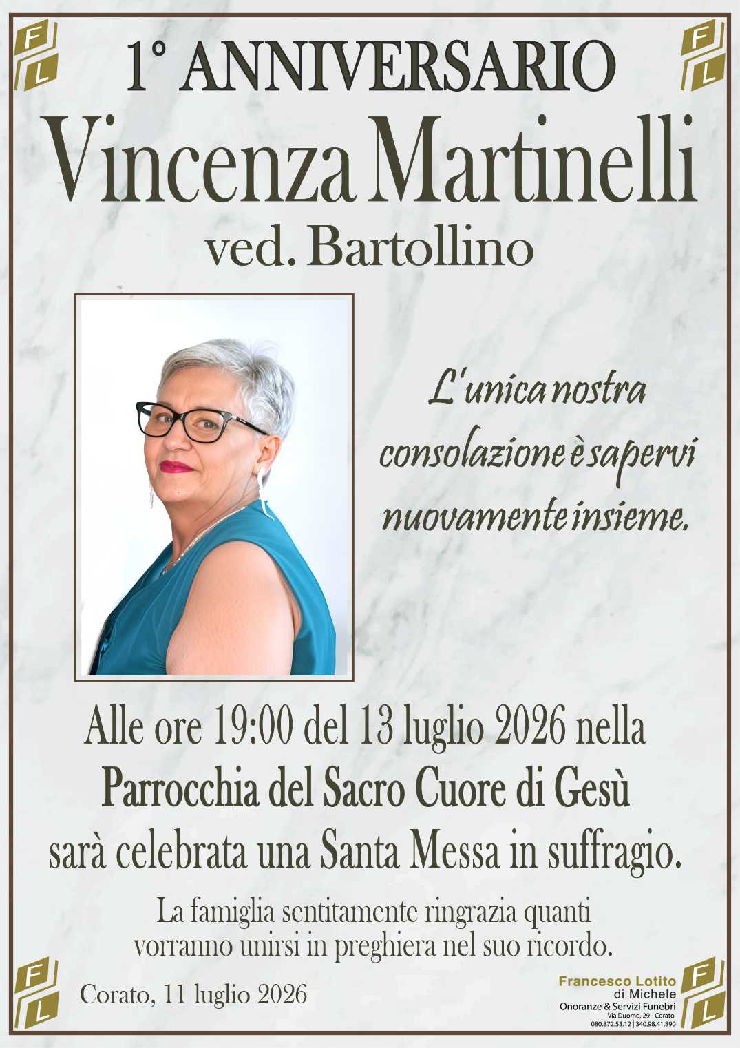 1° anniversario Vincenza MARTINELLI ved. BARTOLLINO