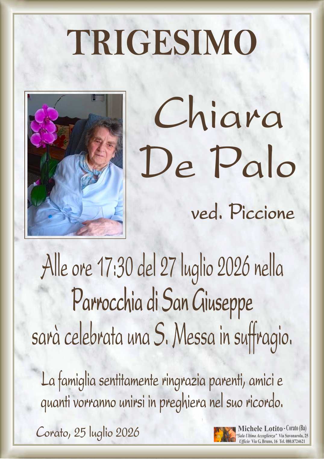Trigesimo Ins. CHIARA DE PALO ved. Piccione