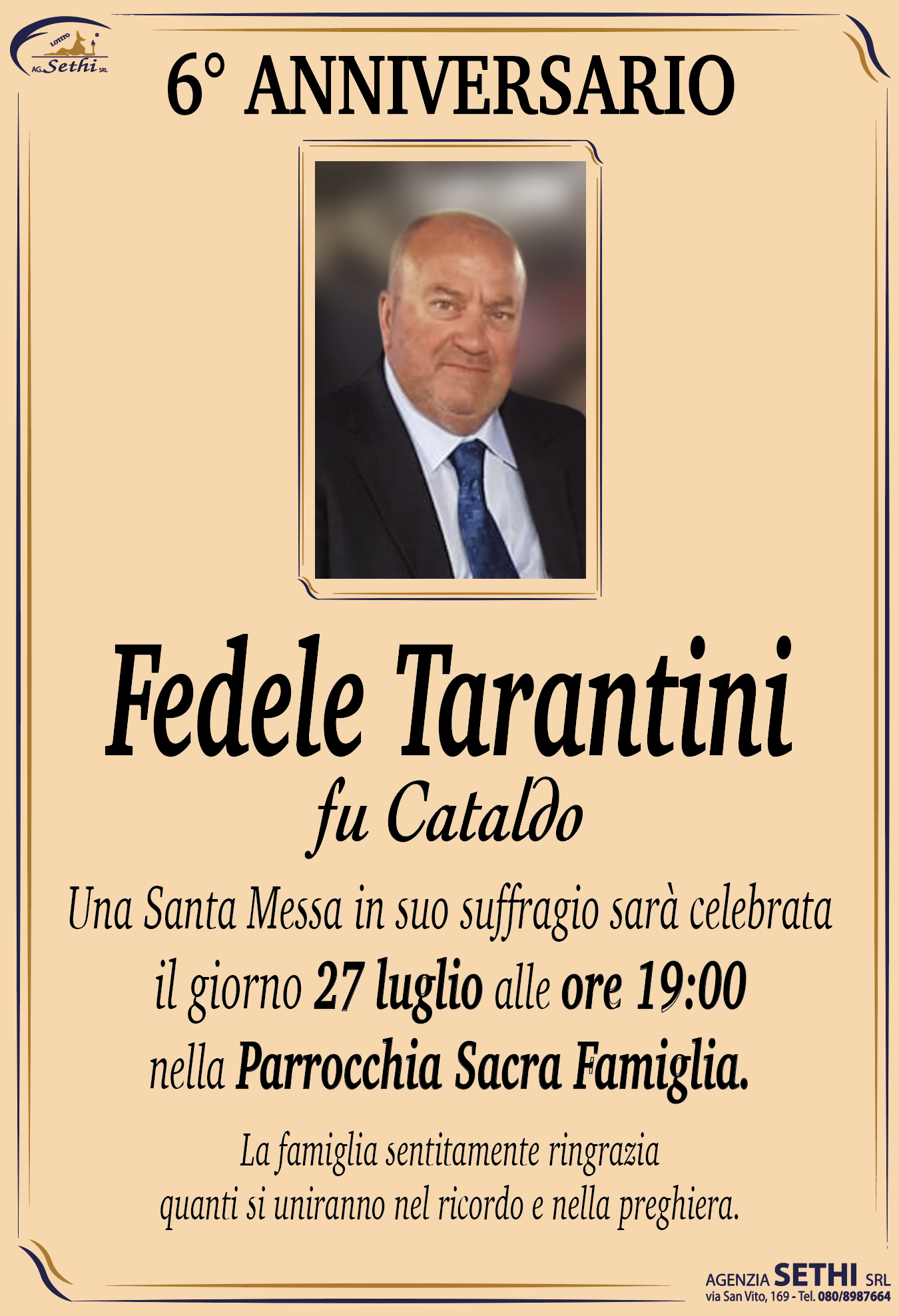 6° anniversario Fedele Tarantini fu Cataldo (Commissario Capo della Polizia Locale di Corato)