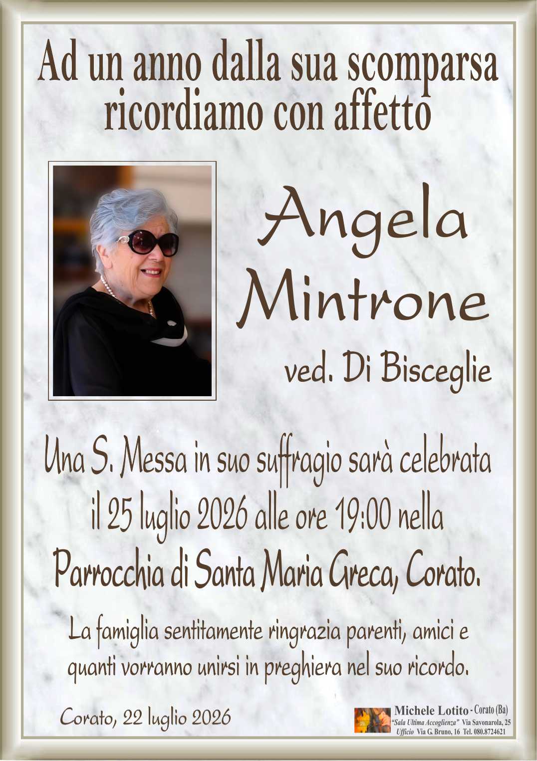 1° anniversario ANGELA MINTRONE ved. Di Bisceglie