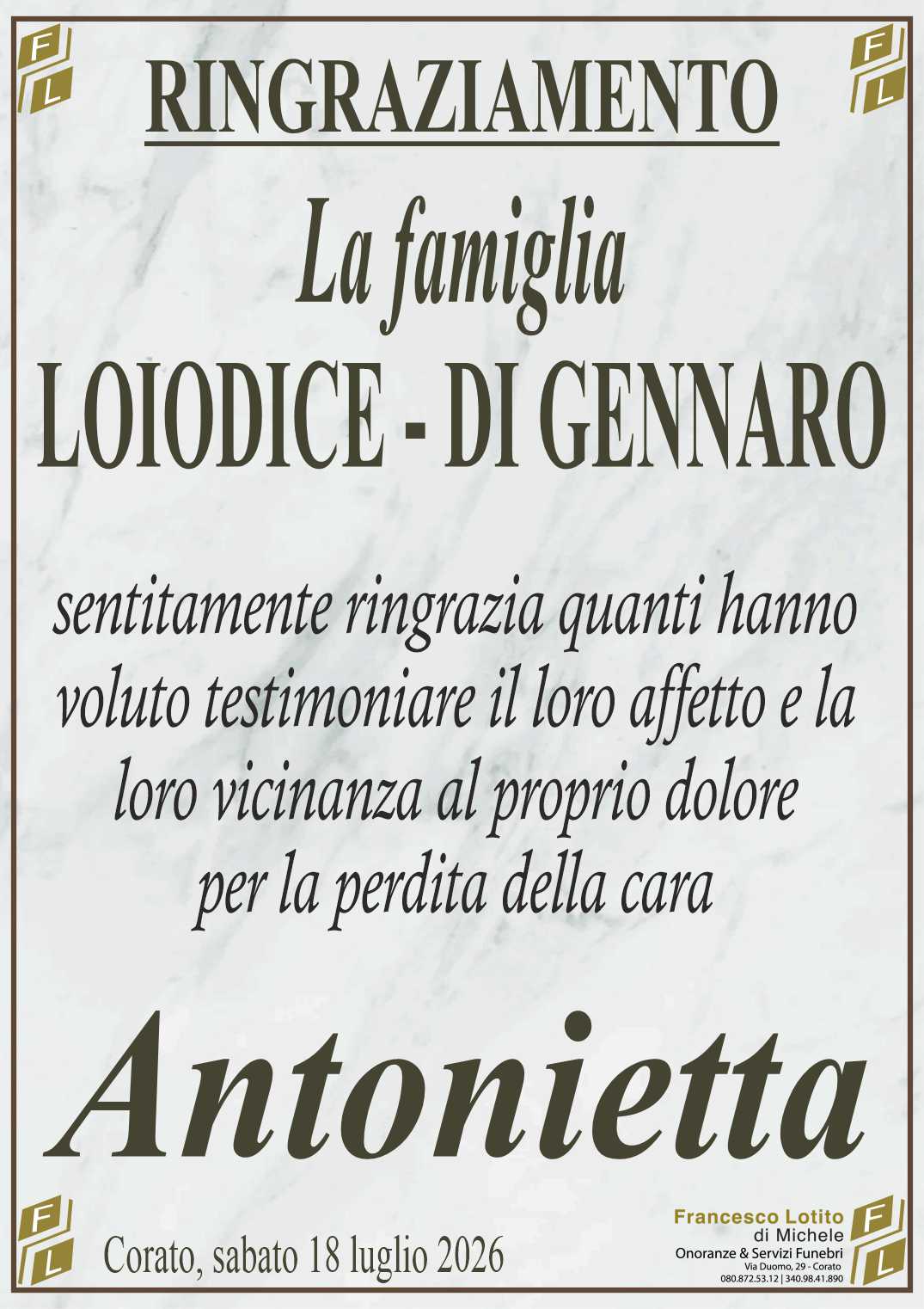 Ringraziamento Antonietta LOIODICE ved. DI GENNARO