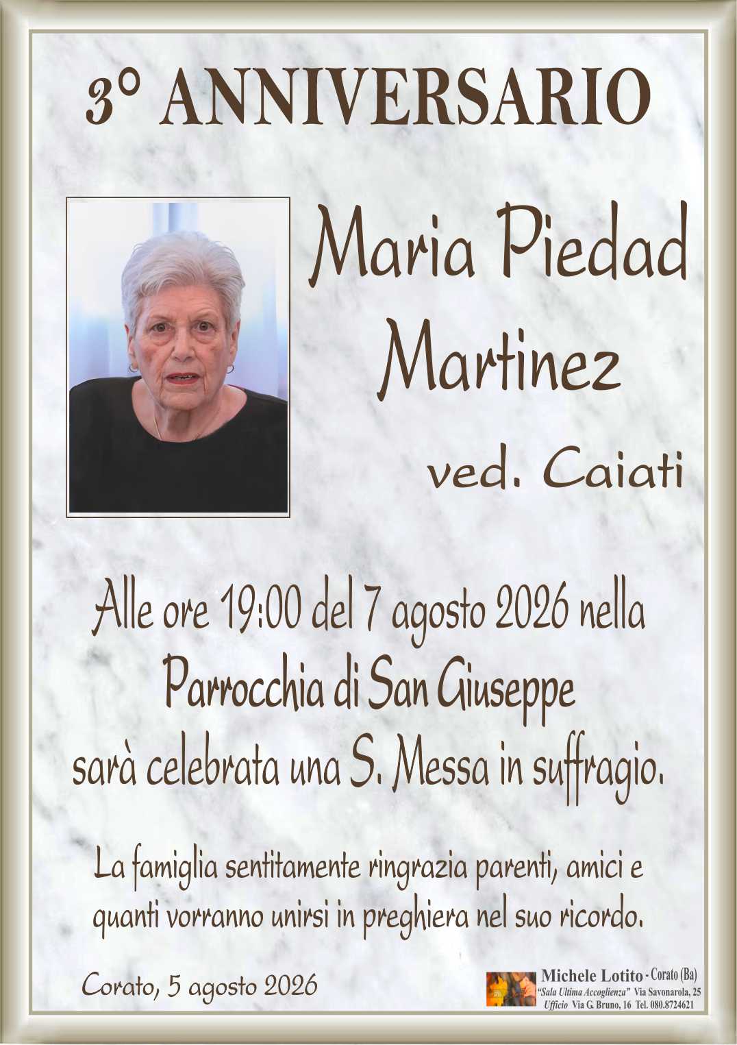 3° anniversario MARIA PIEDAD MARTINEZ ved. Caiati