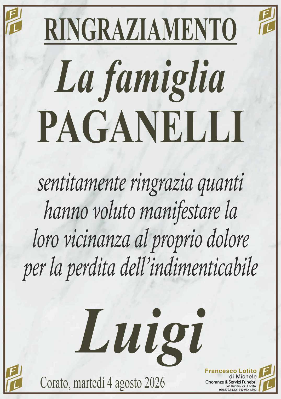 Ringraziamento Luigi PAGANELLI - Ex Vigile I.Me.Vi -
