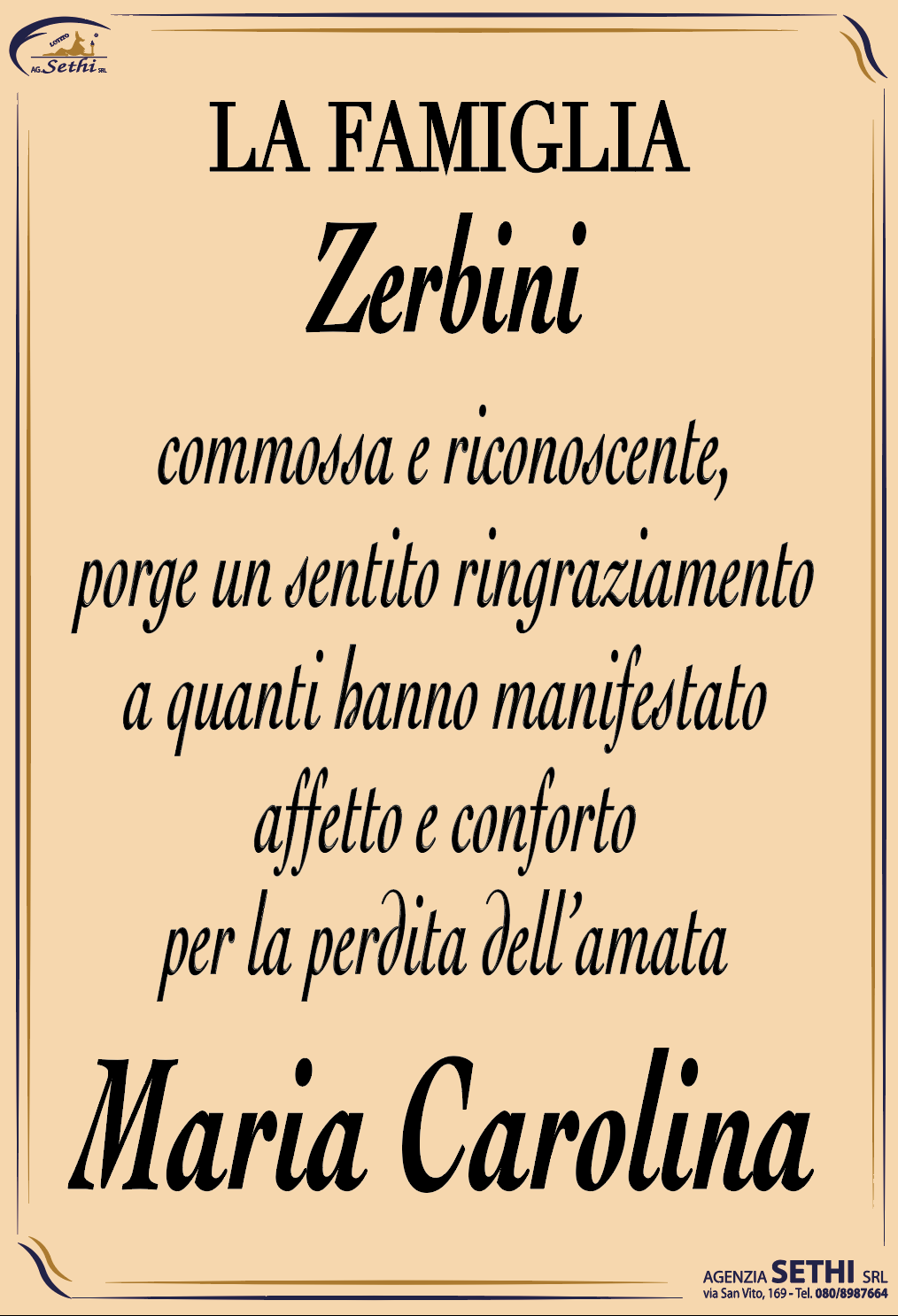 Ringraziamento Maria Carolina Boccella ved. Zerbini