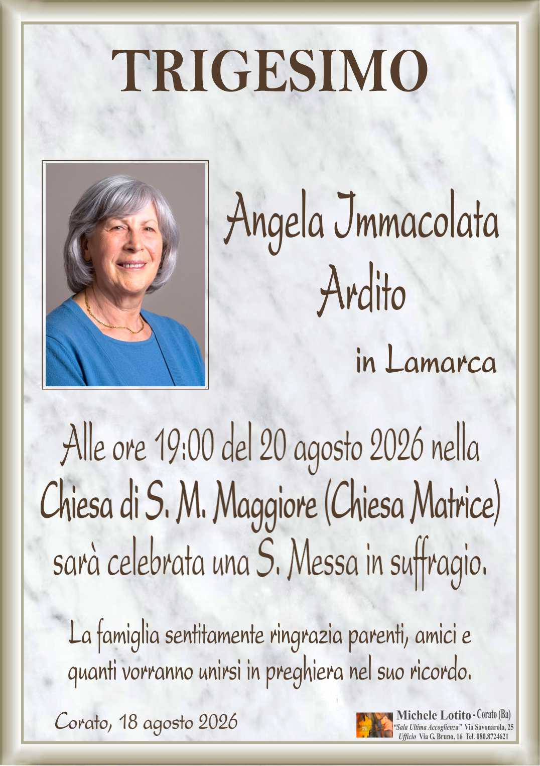 Trigesimo ANGELA IMMACOLATA ARDITO in Lamarca