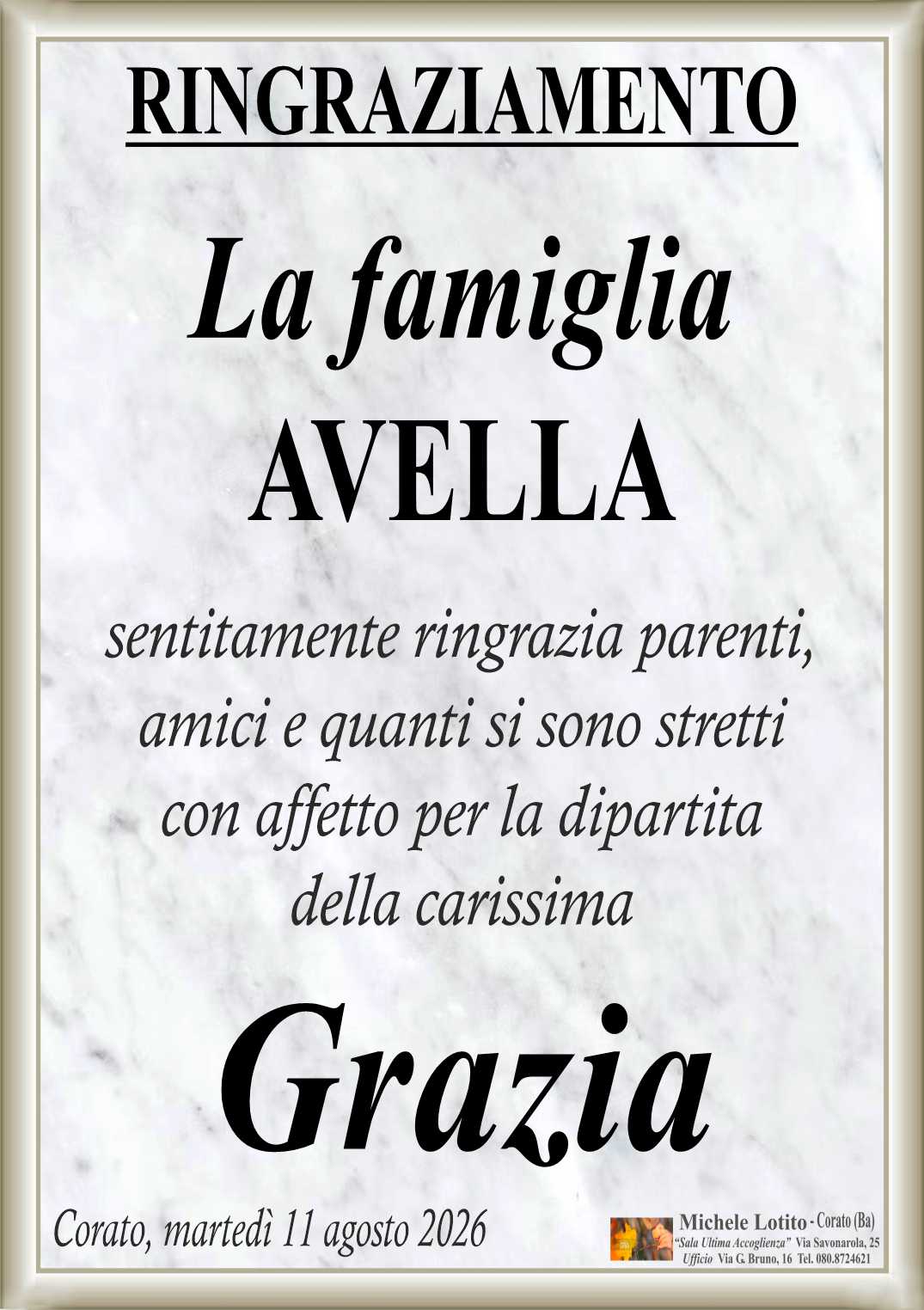 Ringraziamento GRAZIA SELVAGGI in Avella