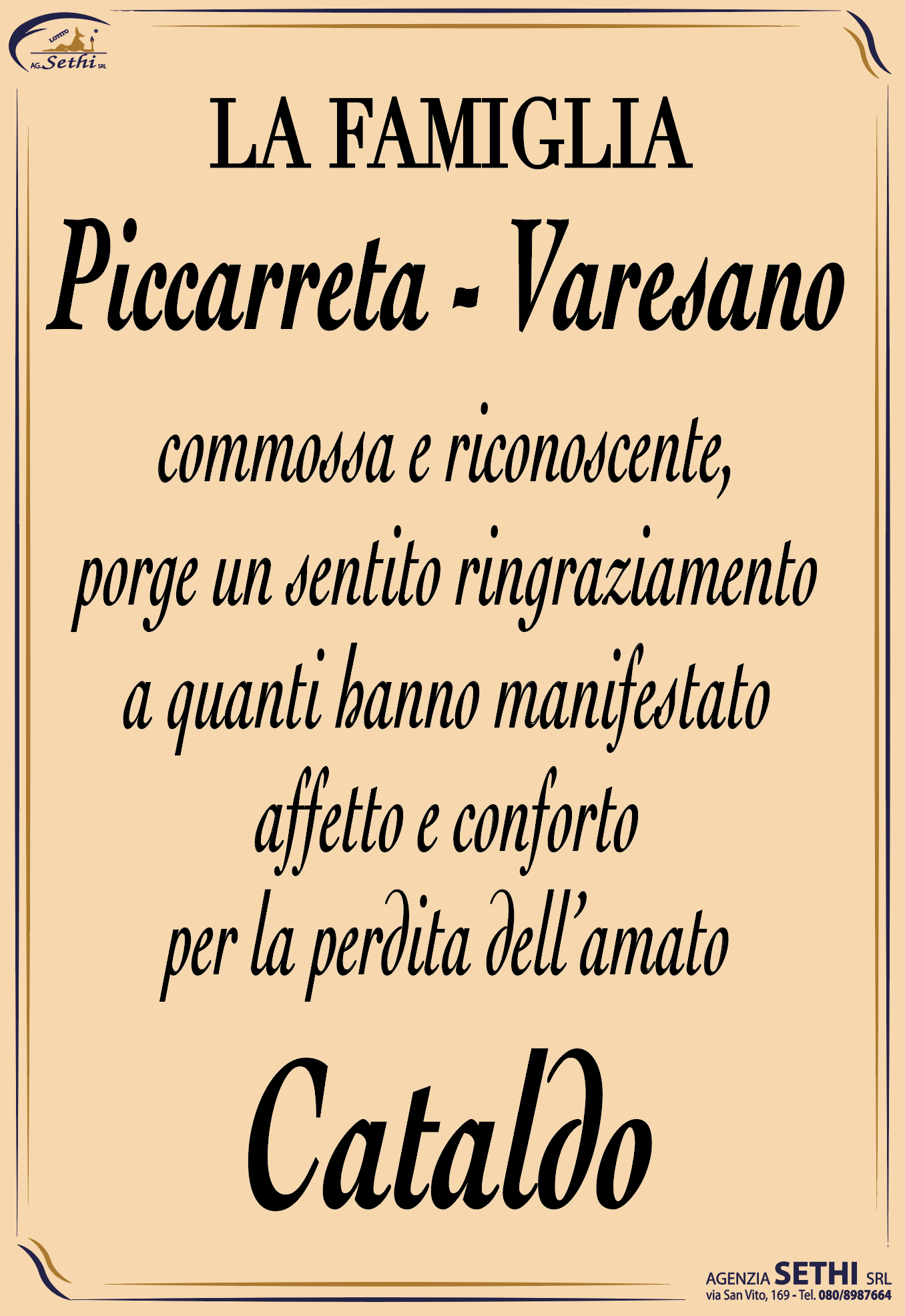 Ringraziamento Cataldo Piccarreta fu Francesco (Ex dipendente Granoro)