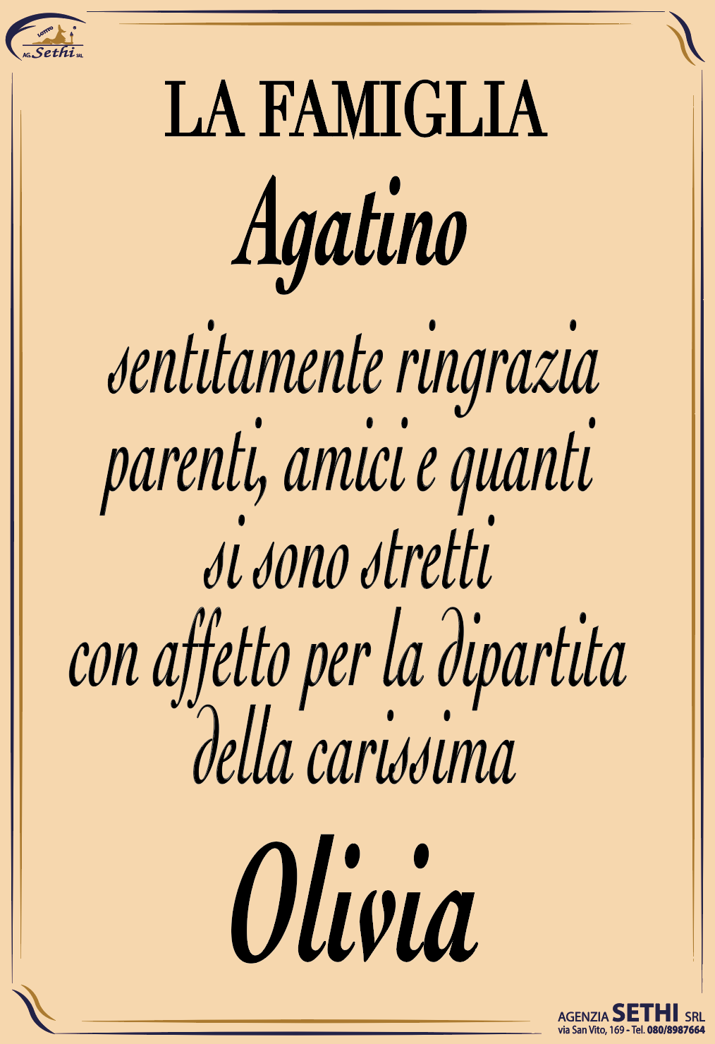 Ringraziamento Olivia Del Carmen Crespo ved. Agatino
