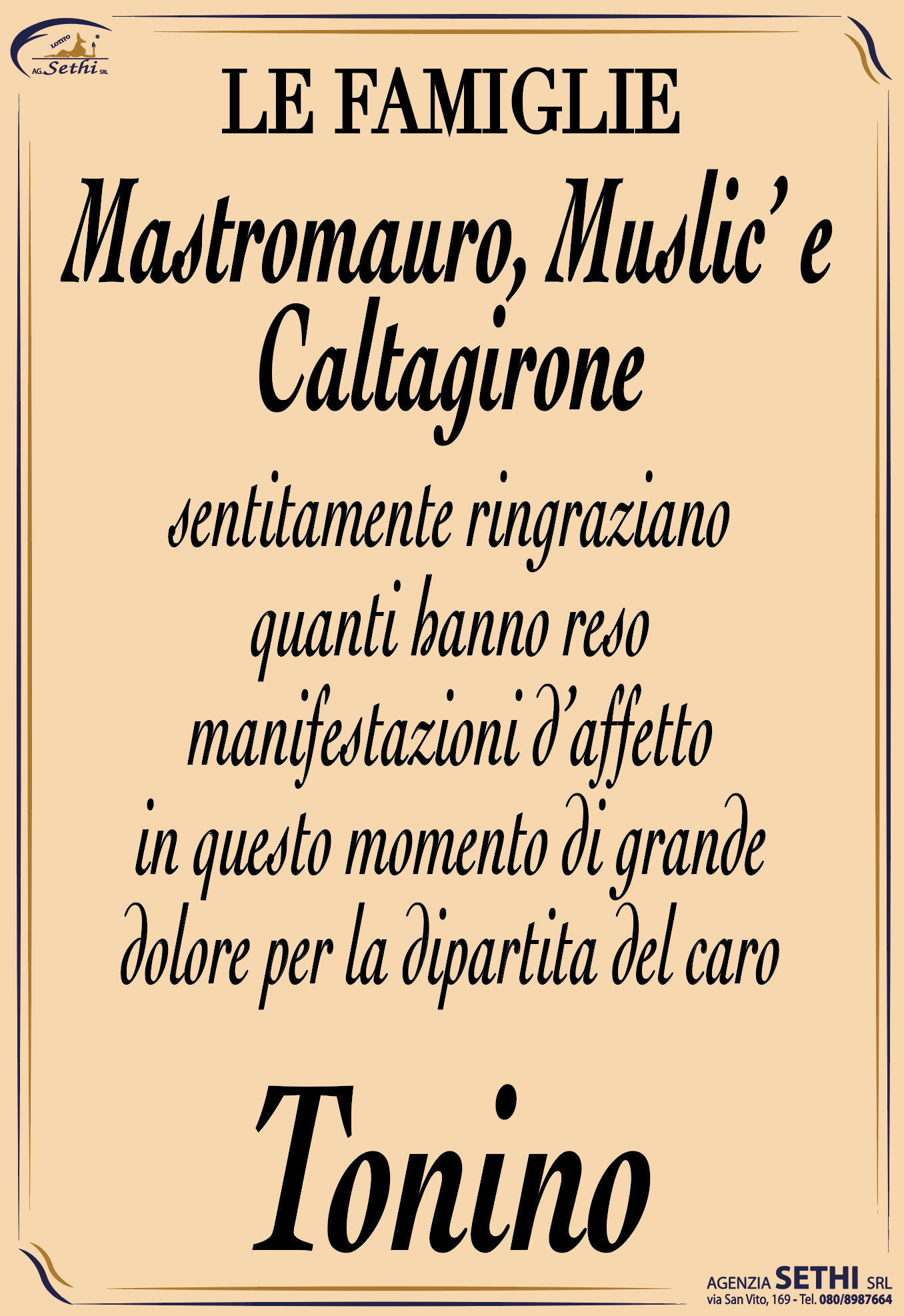 Ringraziamento Tonino Mastromauro fu Vincenzo (Ebanista)