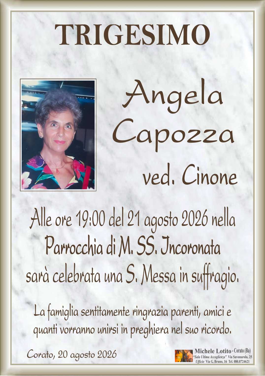 Trigesimo Prof.ssa ANGELA CAPOZZA ved. Cinone
