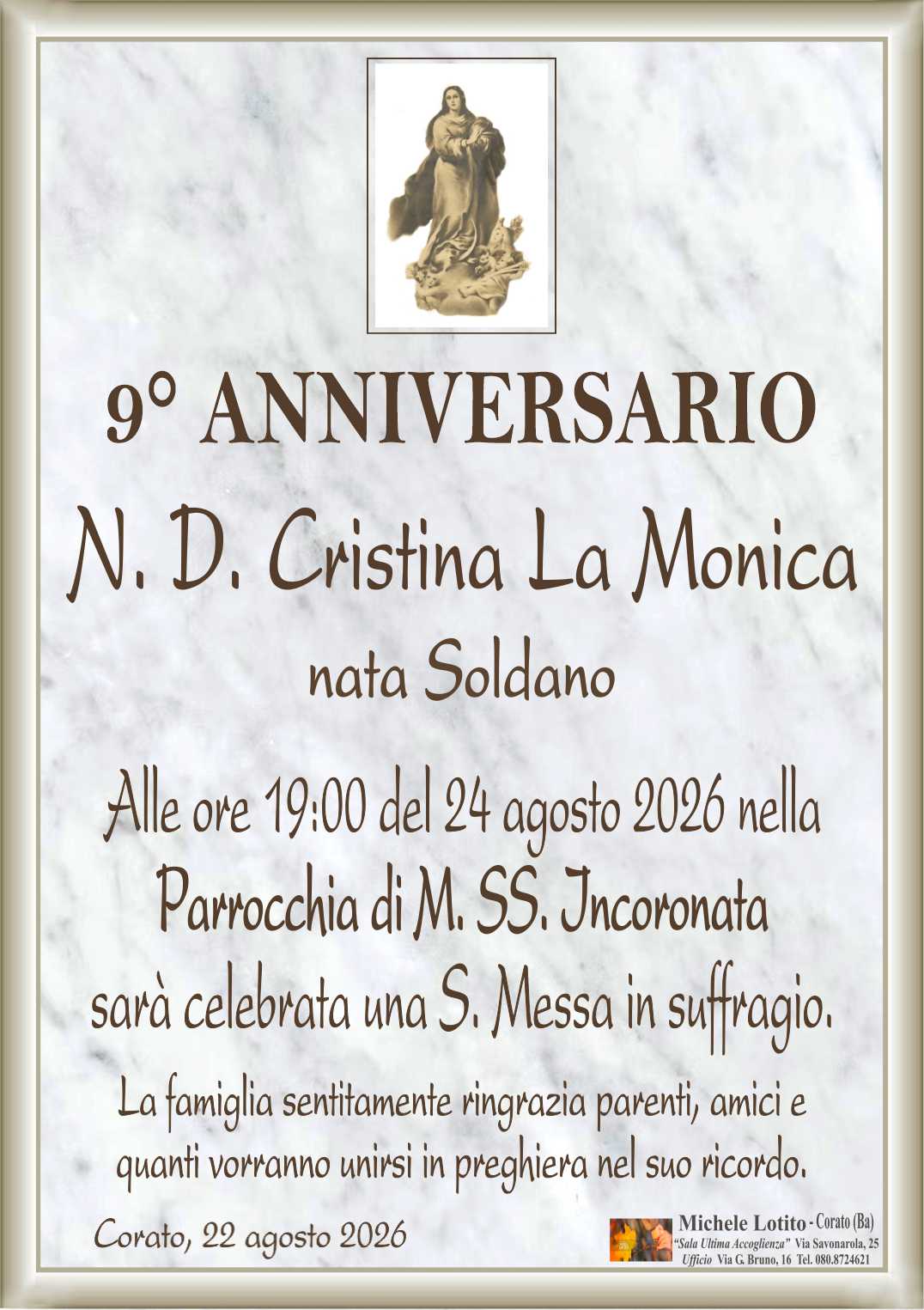 9° anniversario N. D. CRISTINA LA MONICA nata SOLDANO