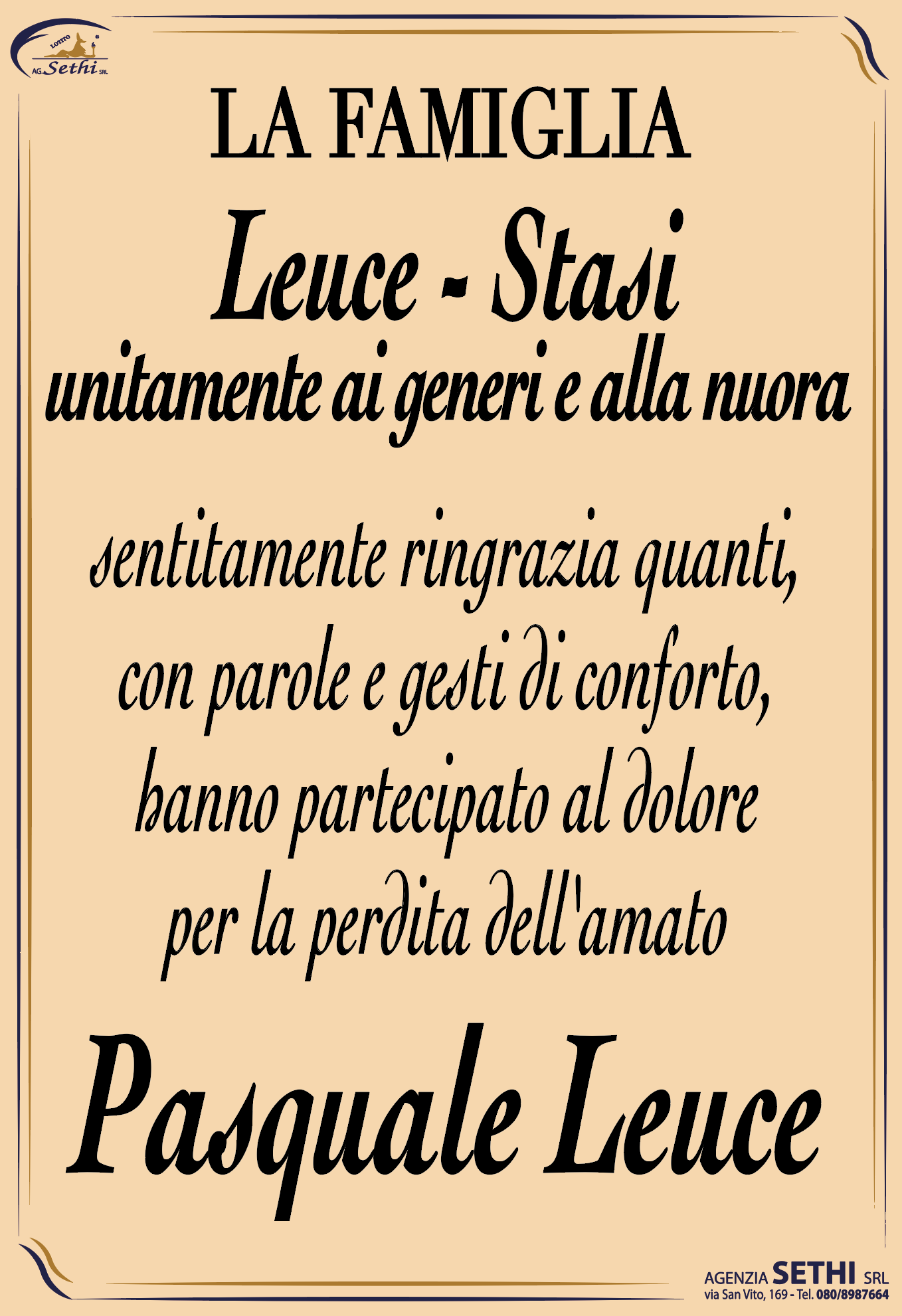 Ringraziamento Pasquale Leuce fu Michele
