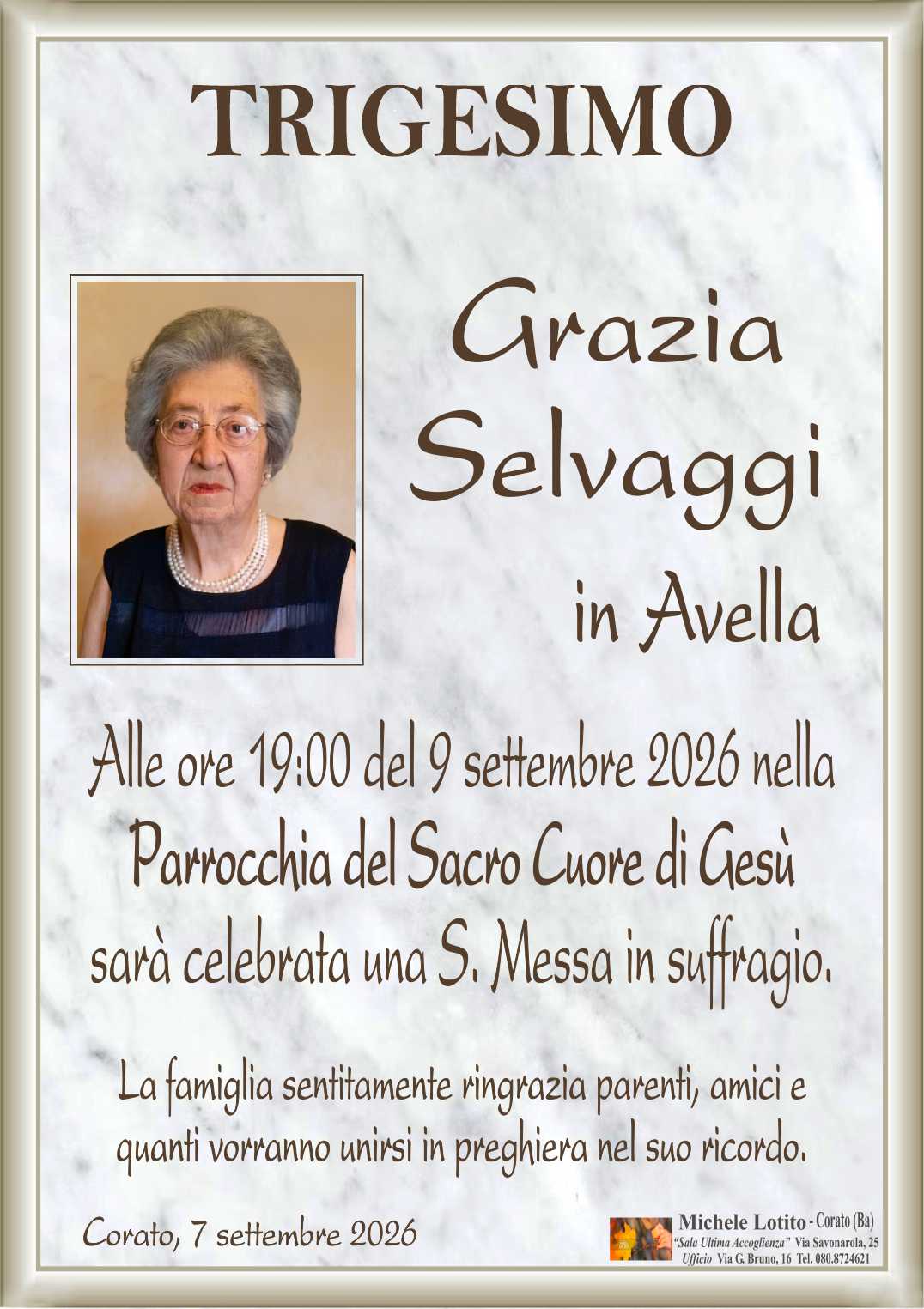 Trigesimo GRAZIA SELVAGGI in Avella