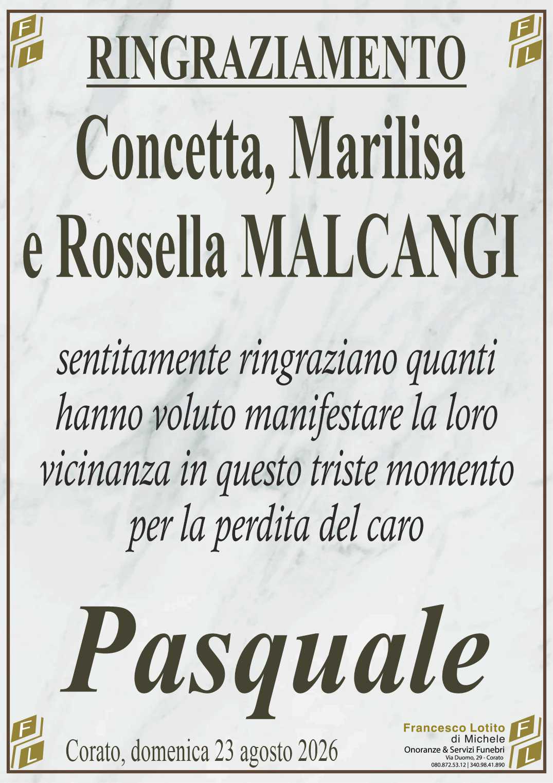Ringraziamento Pasquale MALCANGI
