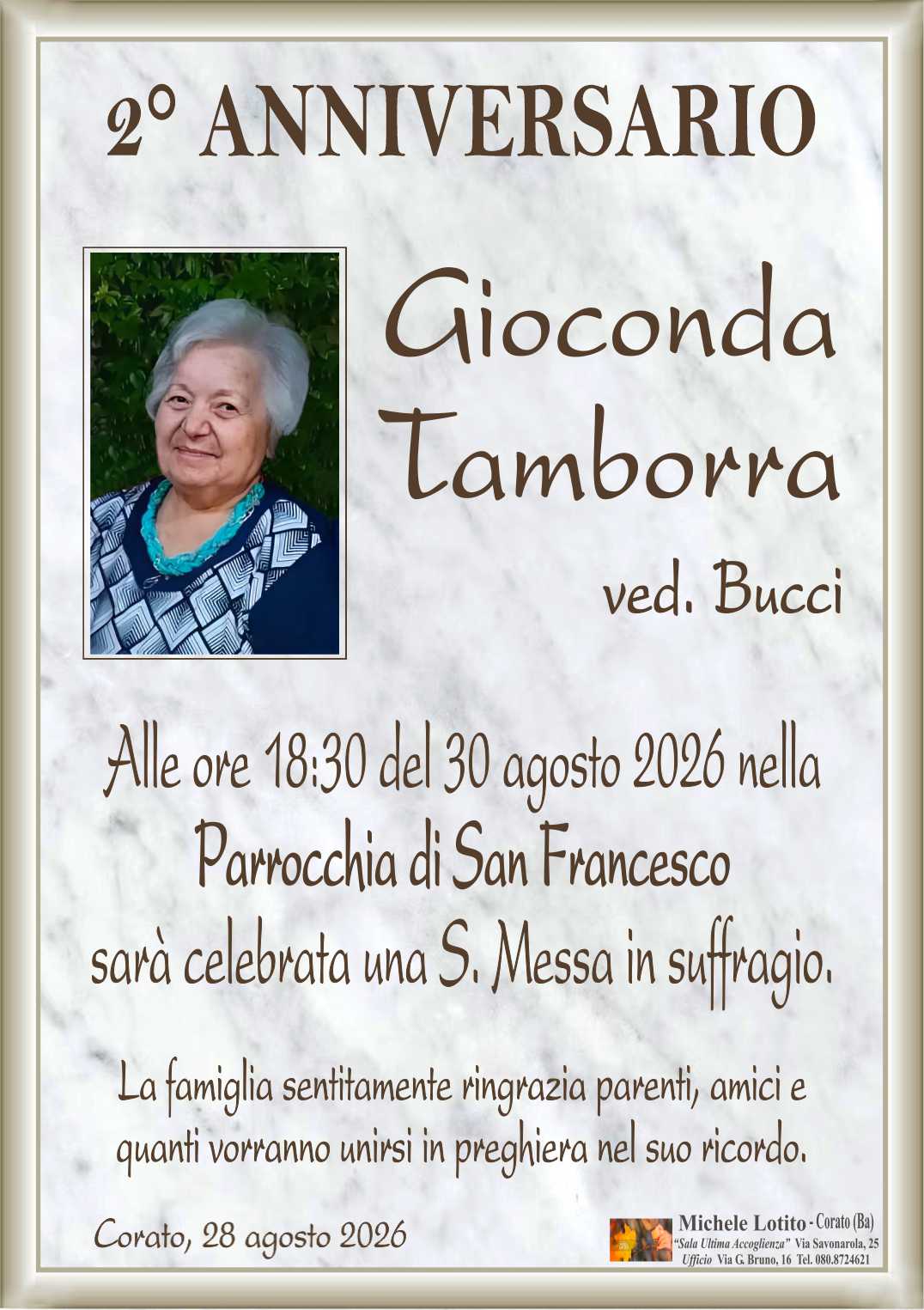 2° anniversario GIOCONDA TAMBORRA ved. Bucci