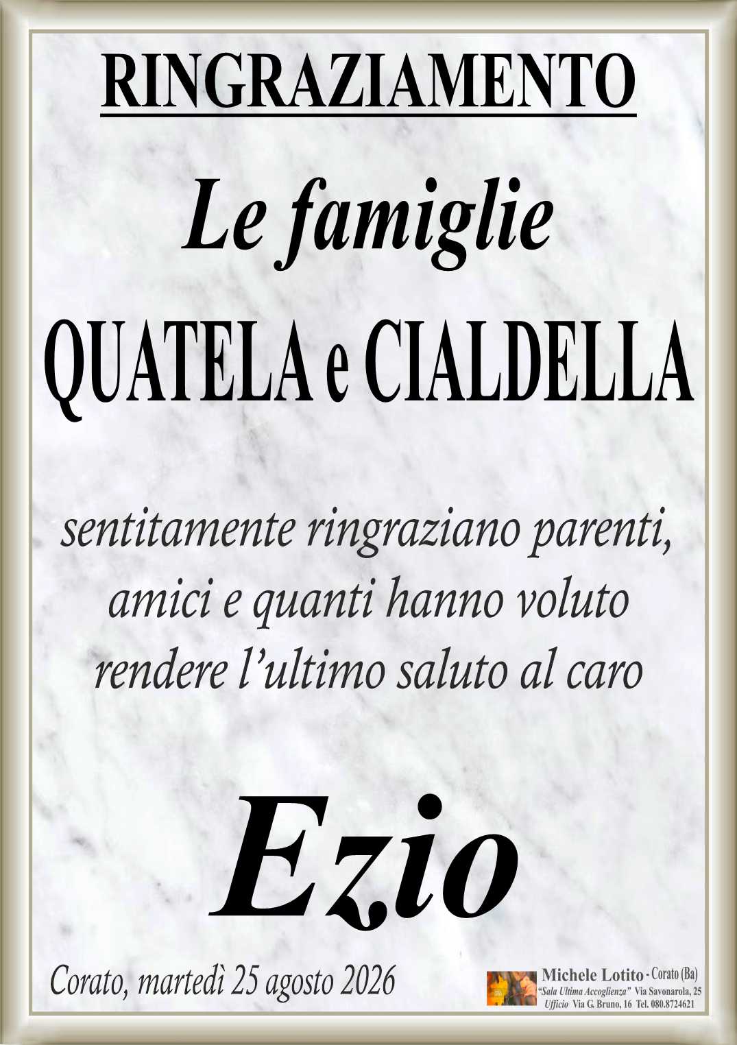 Ringraziamento Prof. Avv. SERGIO QUATELA già Sindaco di Corato 1974/1978