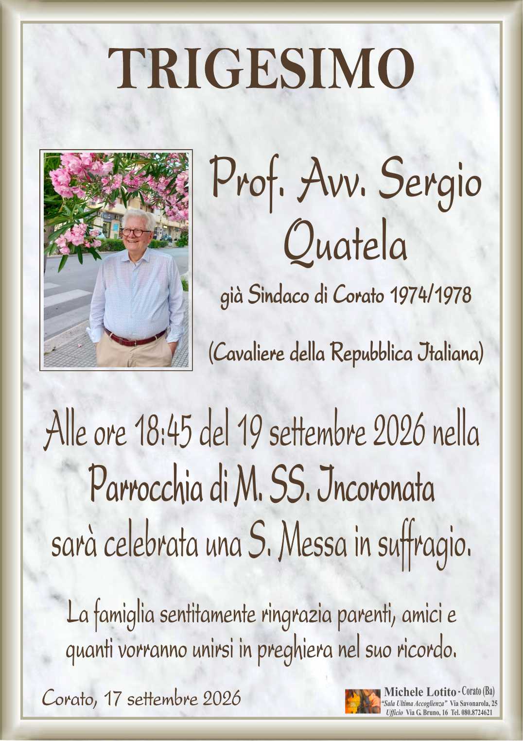 Trigesimo Prof. Avv. SERGIO QUATELA già Sindaco di Corato 1974/1978