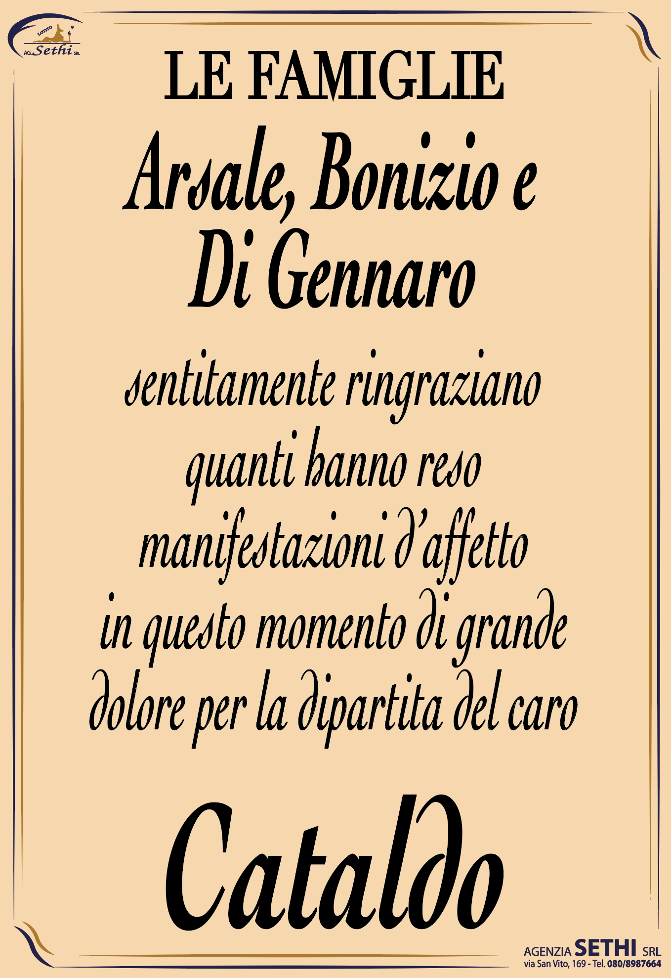 Ringraziamento Cataldo Arsale fu Vito (decoratore, pittore)