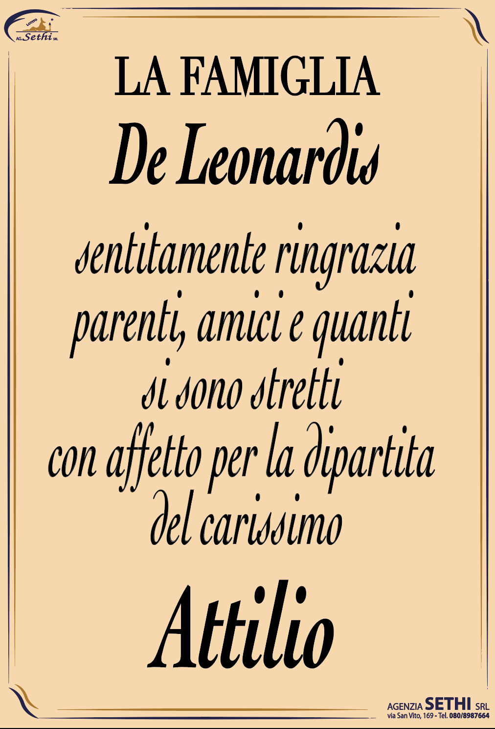 Ringraziamento Attilio De Leonardis fu Giovanni
