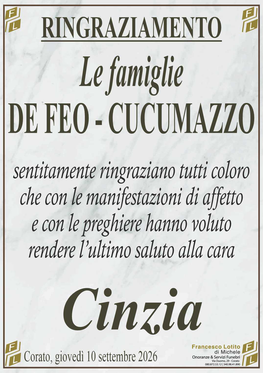 Ringraziamento Cinzia CUCUMAZZO in DE FEO