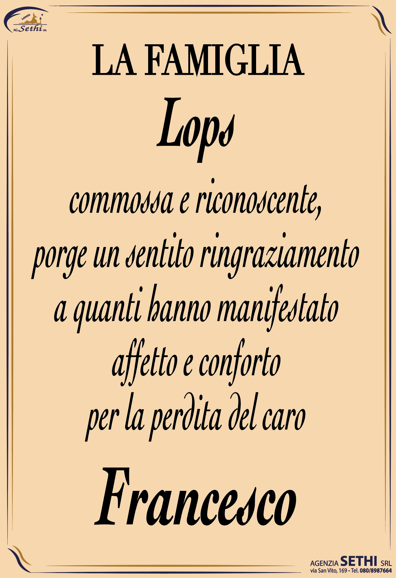 Ringraziamento Francesco Lops fu Pasquale (intonachista)