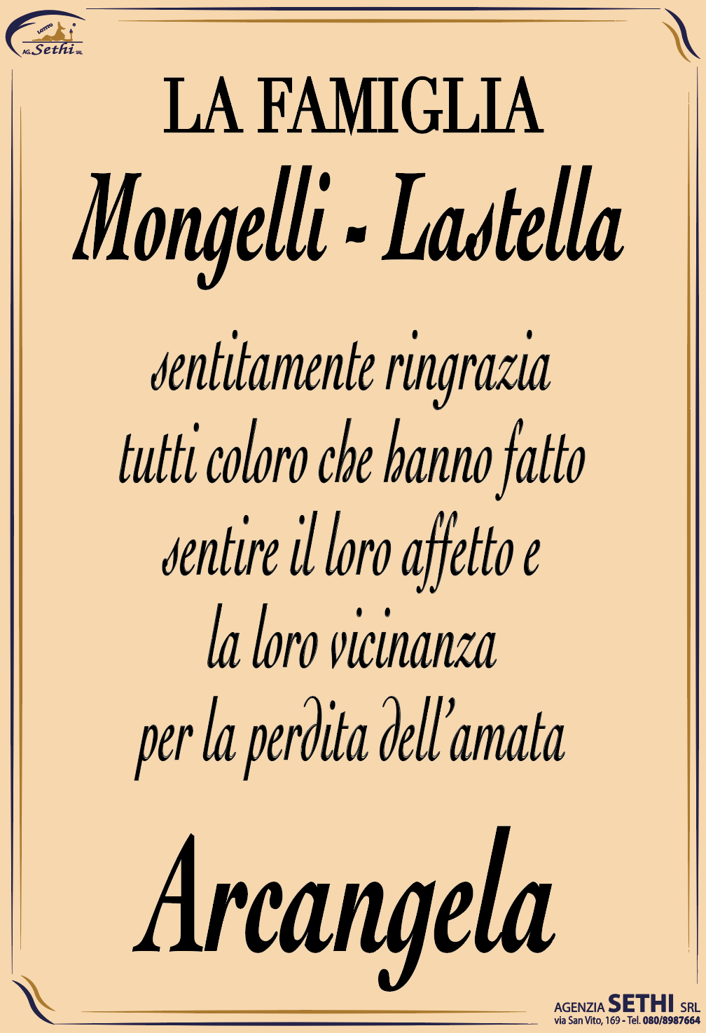 Ringraziamento Arcangela Loiodice ved. Mongelli