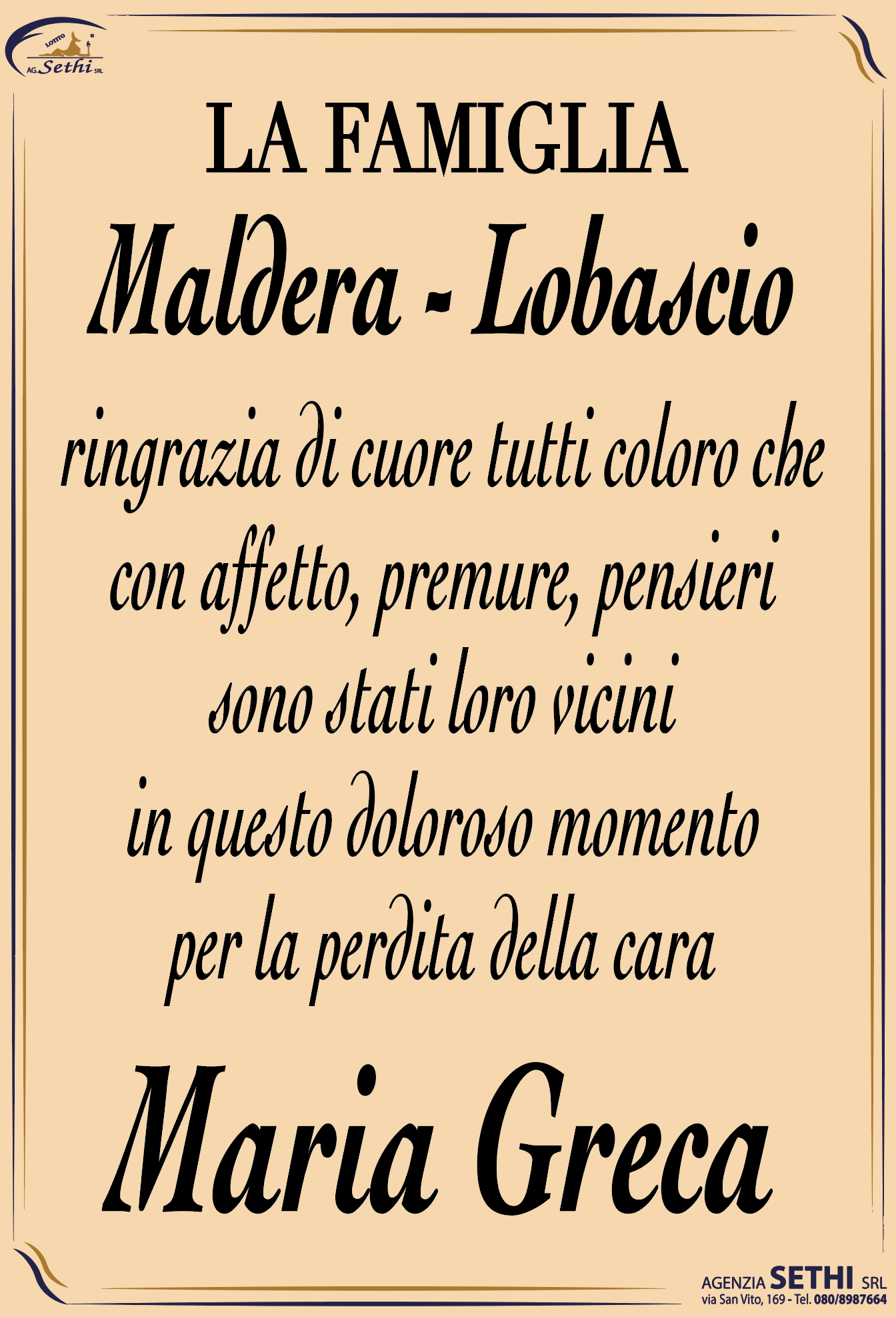 Ringraziamento Maria Greca Lobascio ved. Maldera