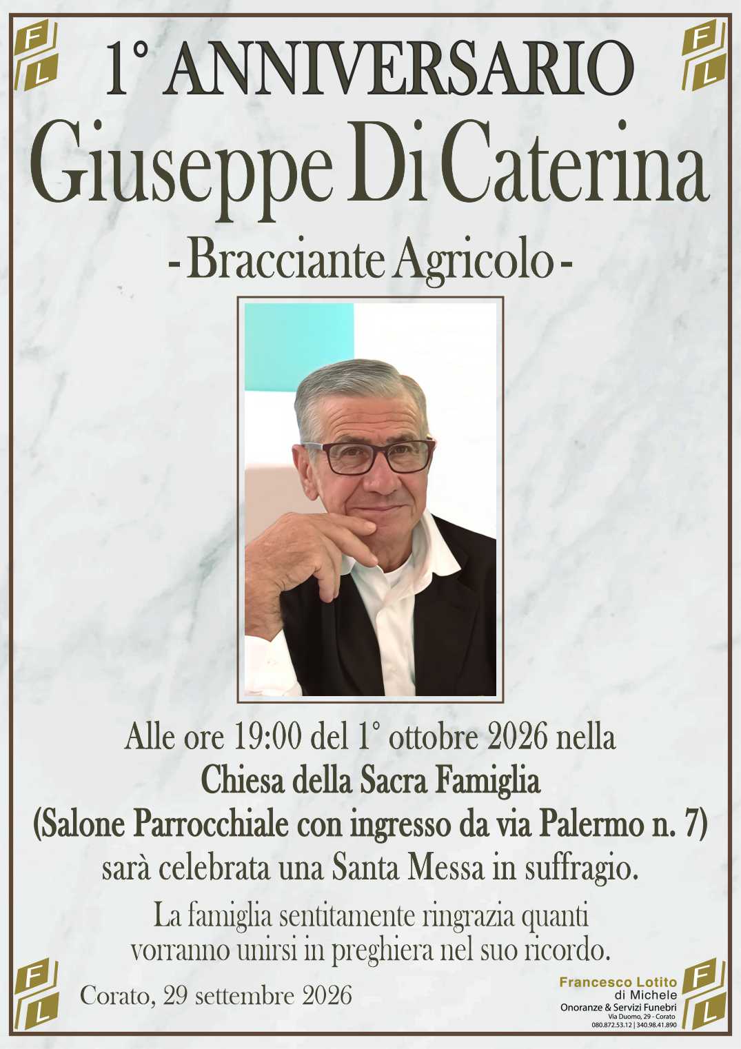 1° anniversario Giuseppe DI CATERINA – Bracciante Agricolo –