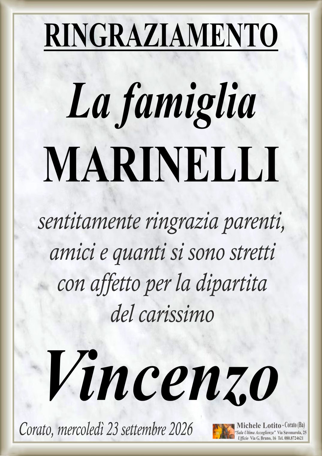 Ringraziamento VINCENZO MARINELLI (maestro decoratore)